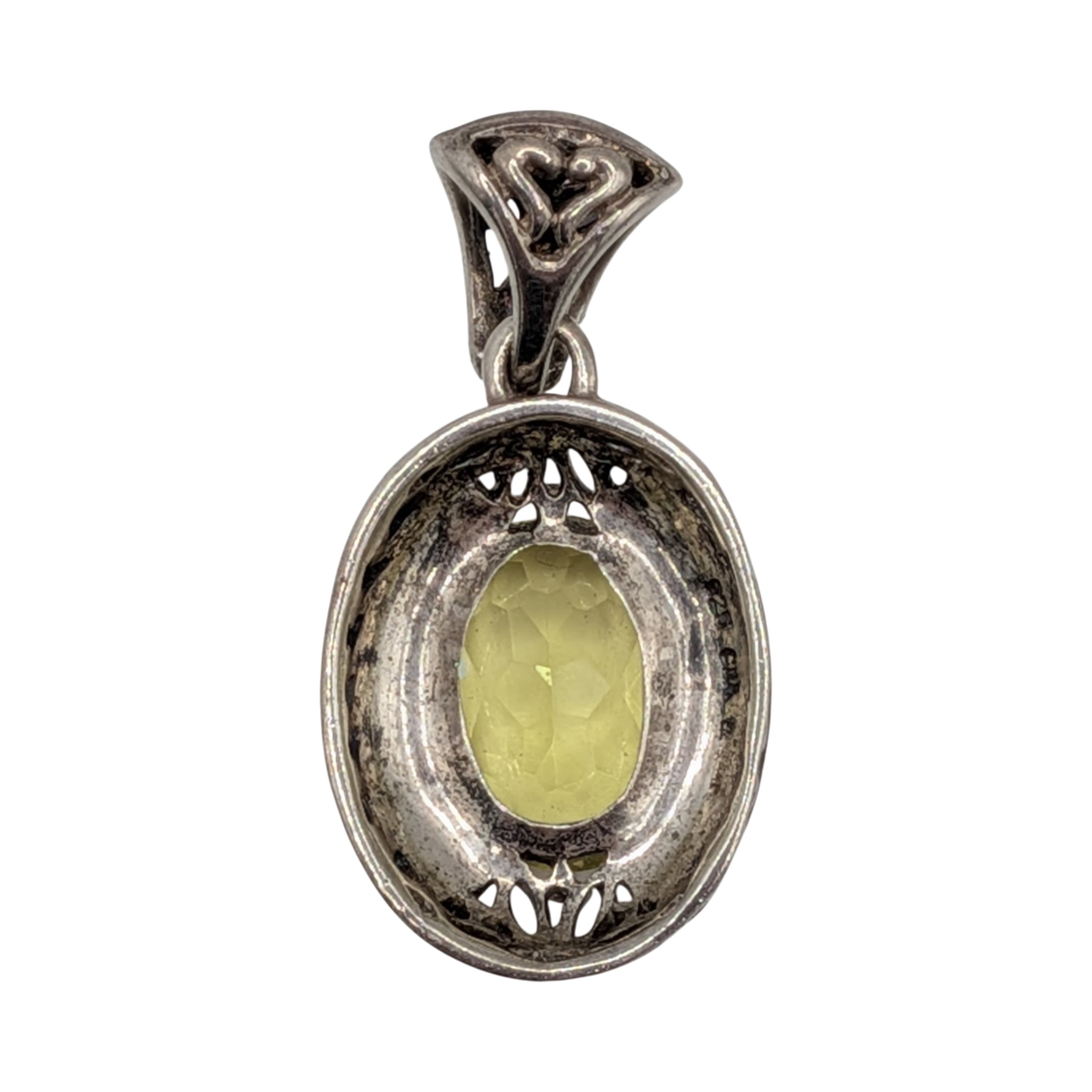 Signed Sterling Silver Lemon Quartz Floral Cut Oval Pendant
