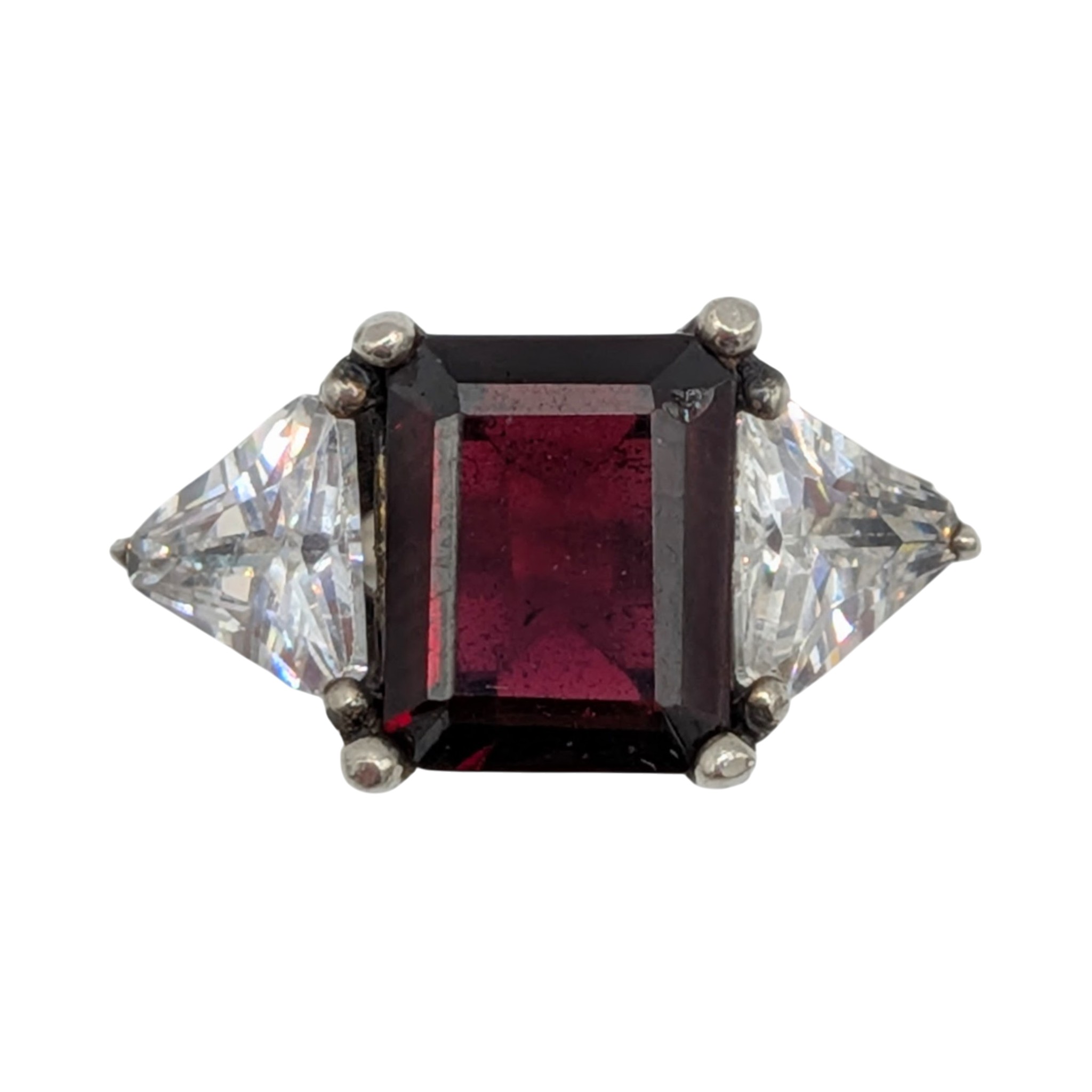 Signed Sterling Silver Garnet White CZ 3 Stone Ring Size 8.25