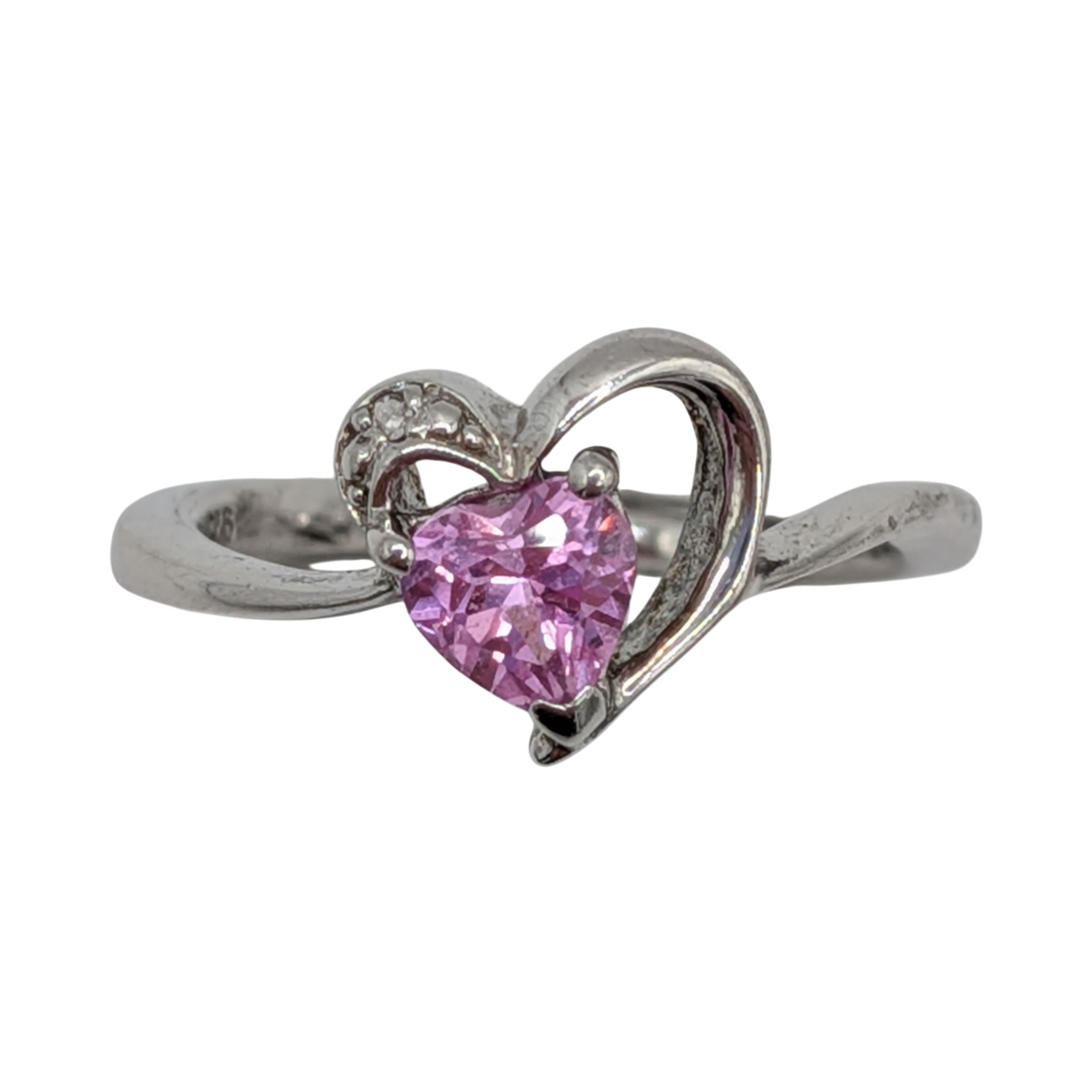 Signed Sterling Silver Pink Sapphire Diamond Heart Ring Size 5.75