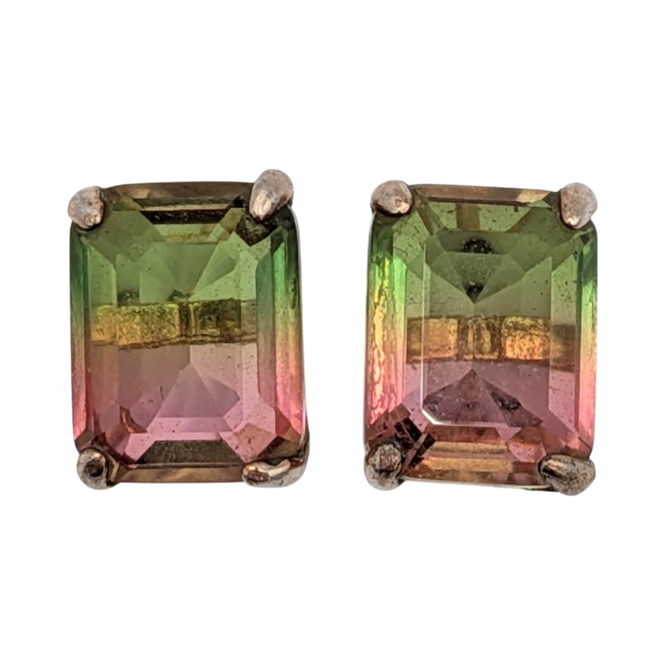 Gold Over Sterling Silver Glass Watermelon Tourmaline Stud Earrings