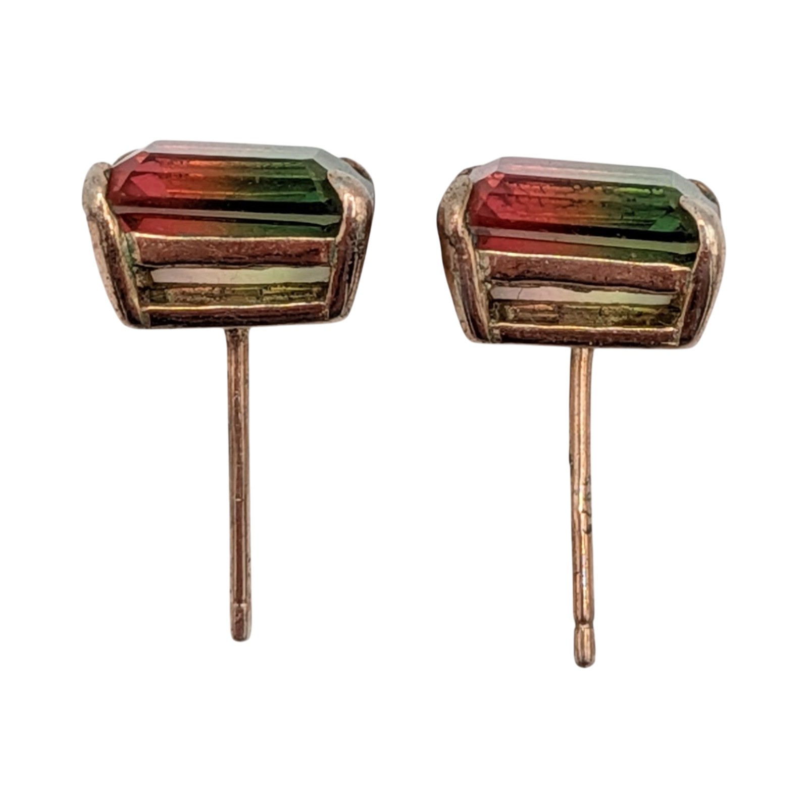 Gold Over Sterling Silver Glass Watermelon Tourmaline Stud Earrings