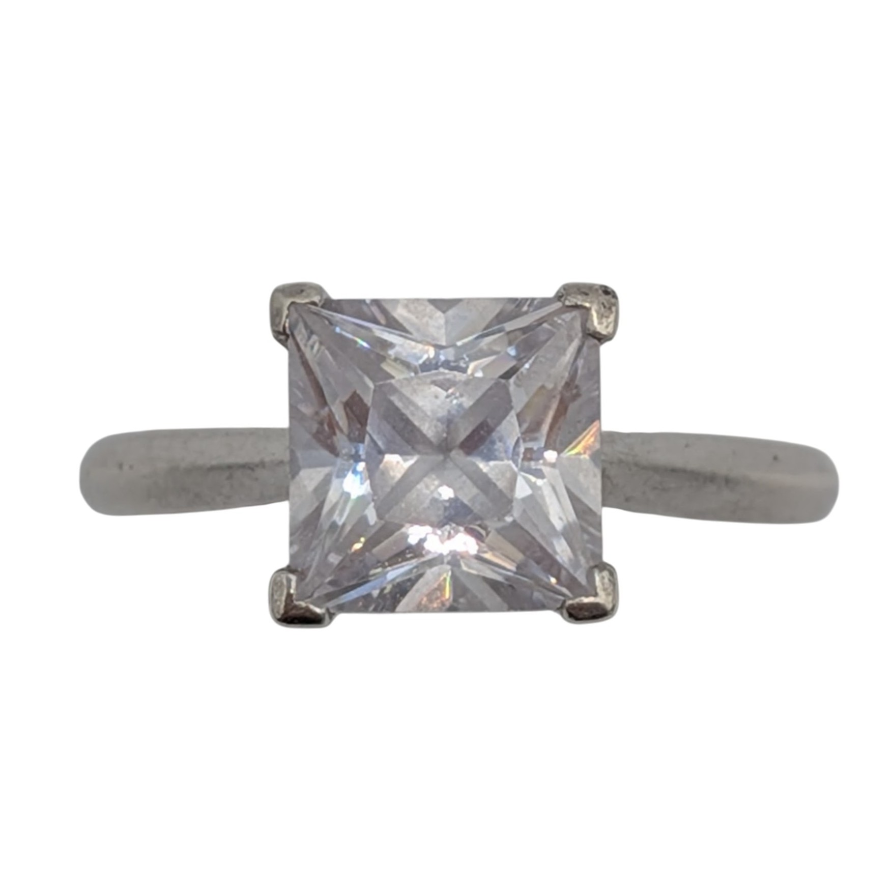 Signed Sterling Silver White CZ Princess Cut Classic Solitaire Ring Size 8.75