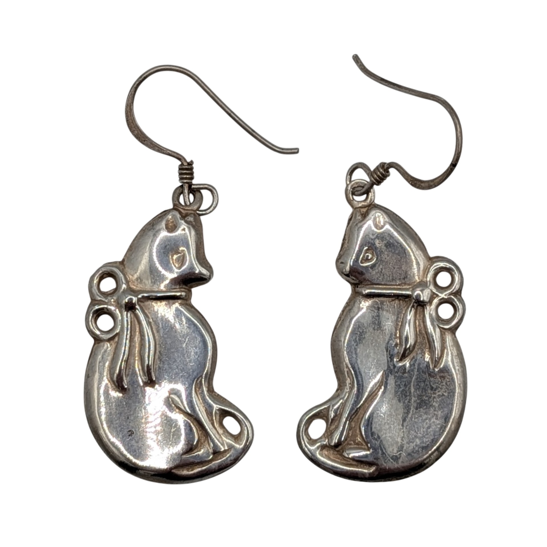 Sterling Silver Cat With Bow Dangle Earrings