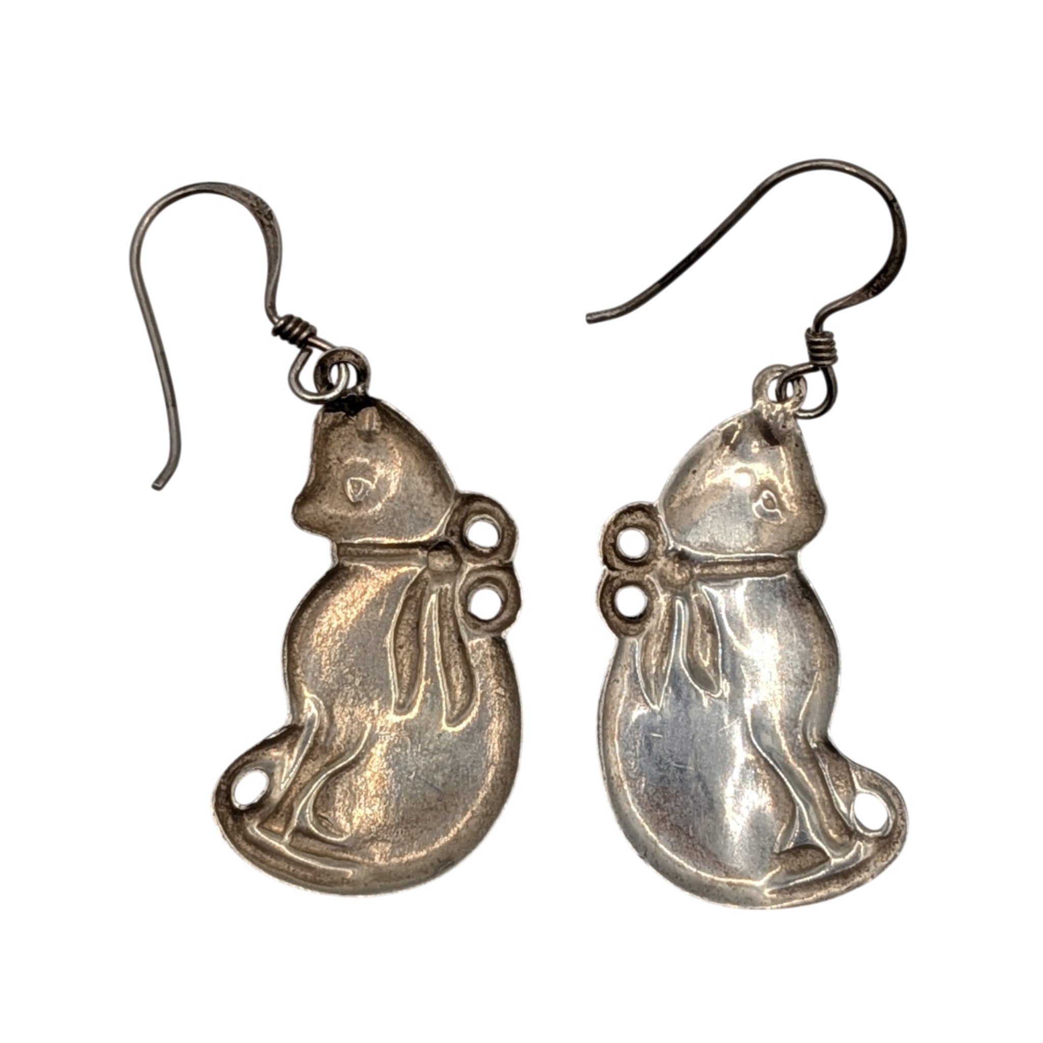Sterling Silver Cat With Bow Dangle Earrings