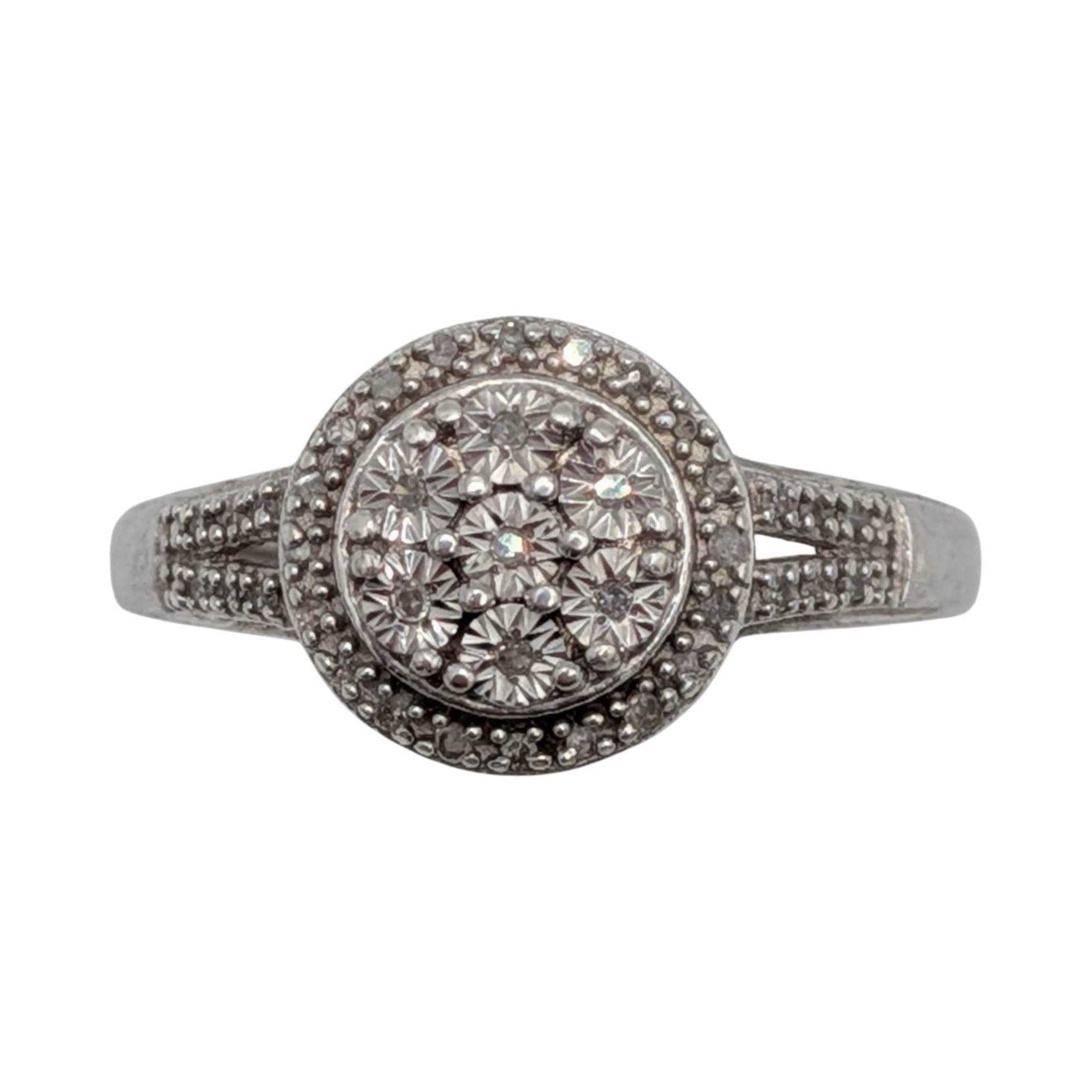 Signed Sterling Silver Diamond Pave Set Cluster Halo Ring Size 7.25