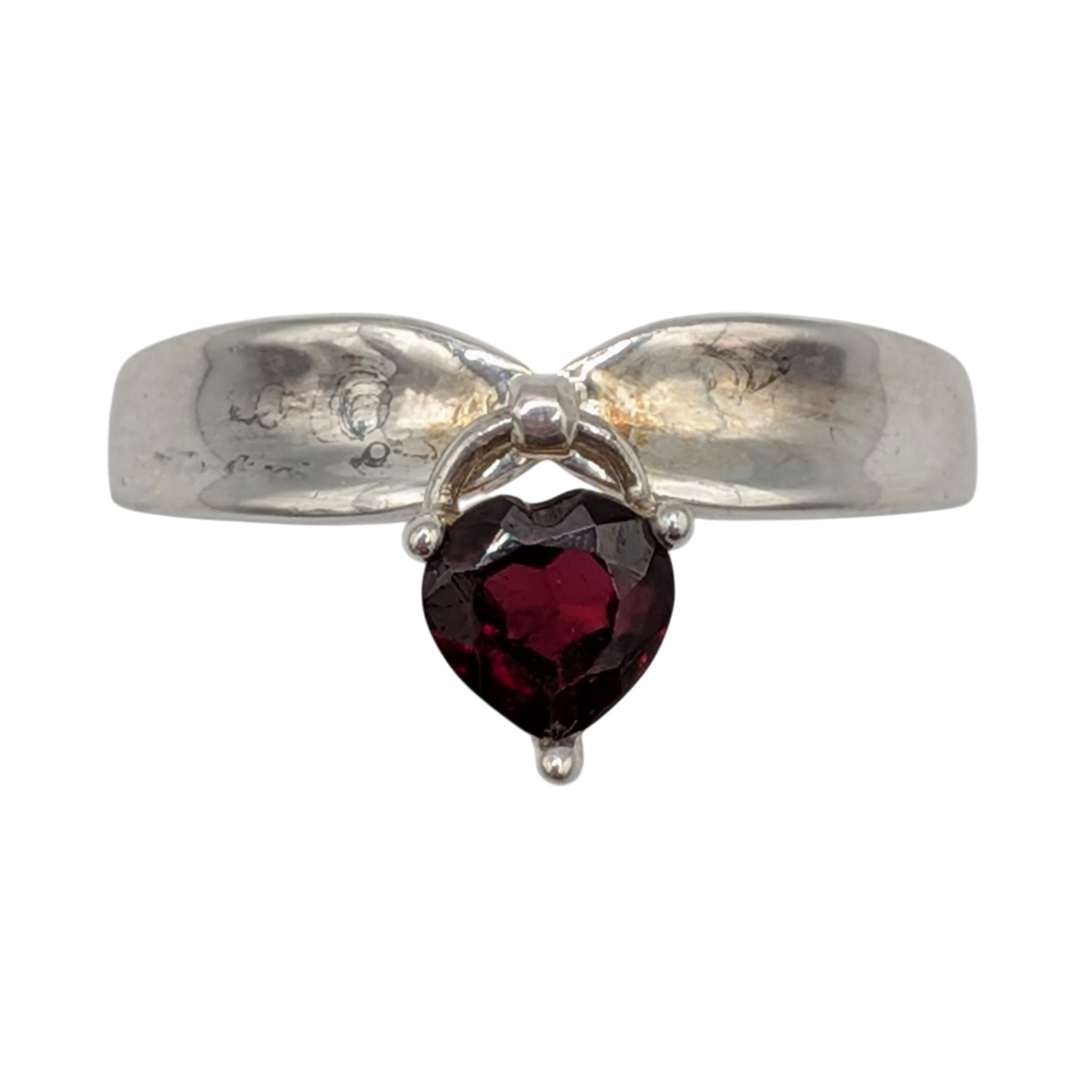 Signed Sterling Silver Garnet Heart Dangle Charm Ring Size 9