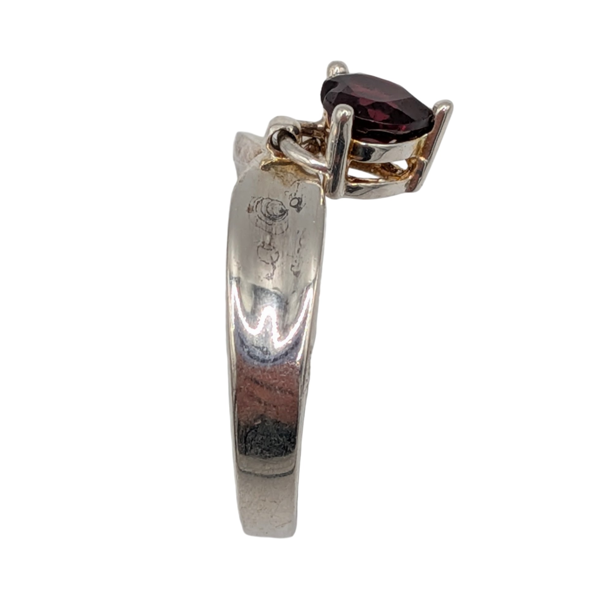 Signed Sterling Silver Garnet Heart Dangle Charm Ring Size 9