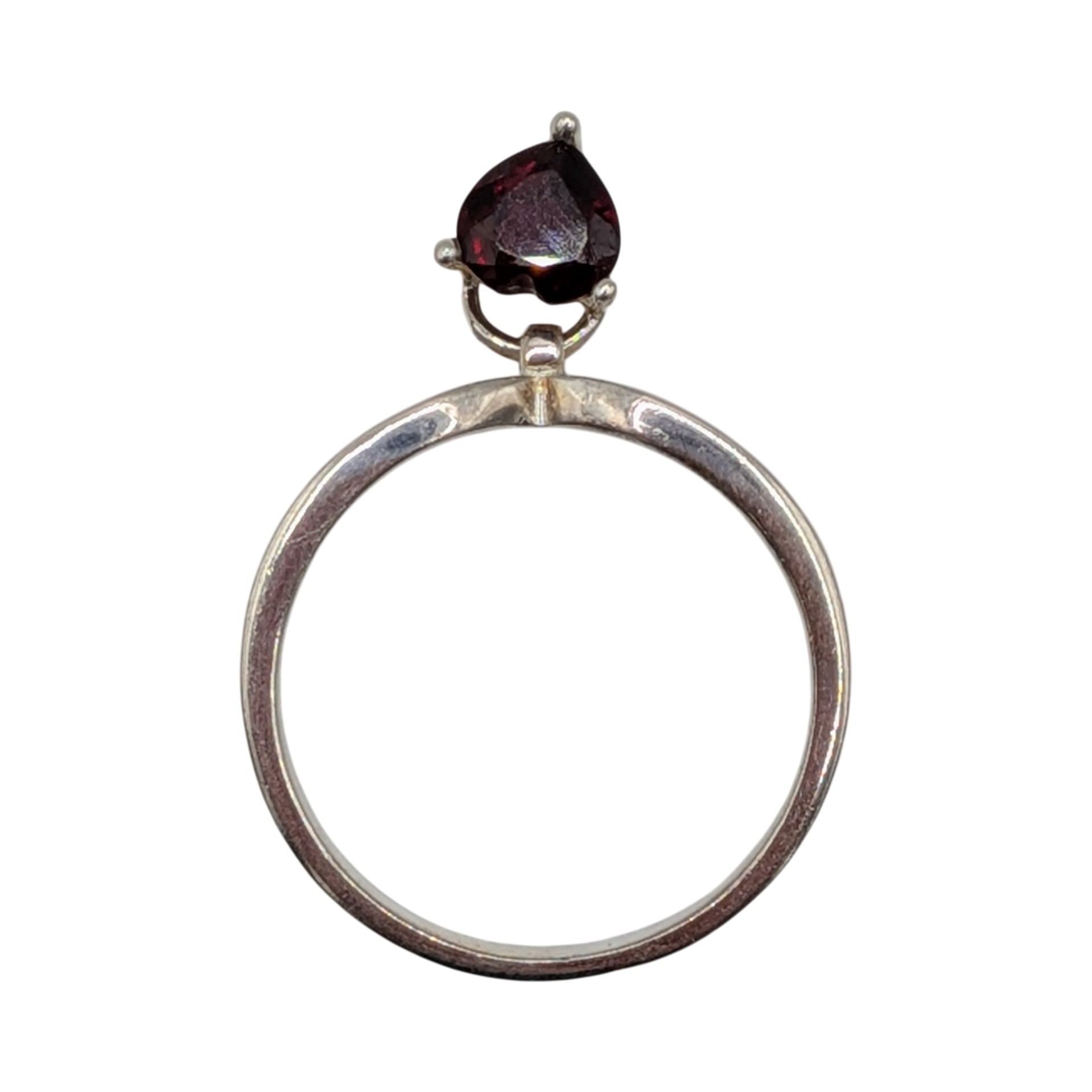 Signed Sterling Silver Garnet Heart Dangle Charm Ring Size 9