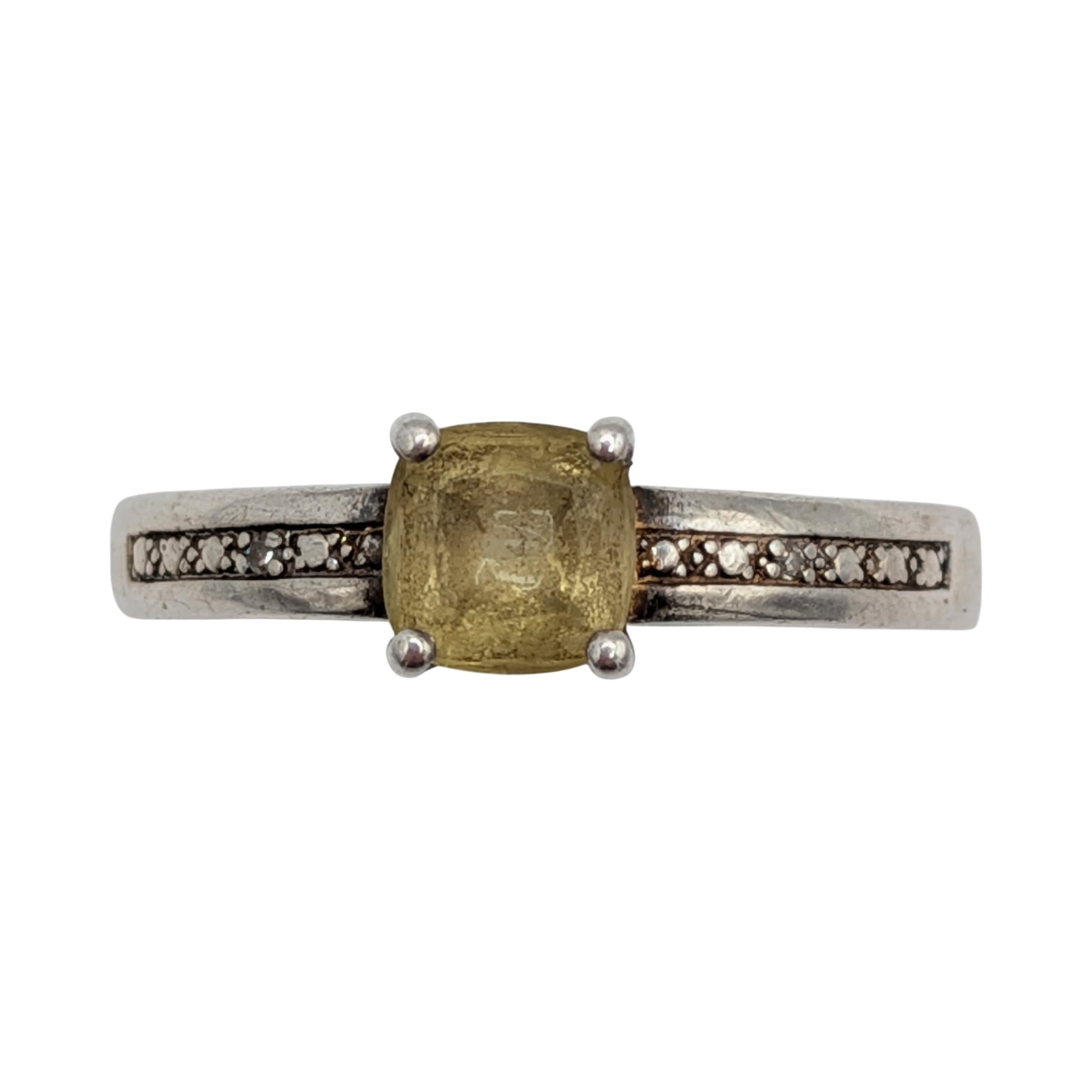 Signed Sterling Silver Citrine Diamond Princess Cut Ring Size 10.5