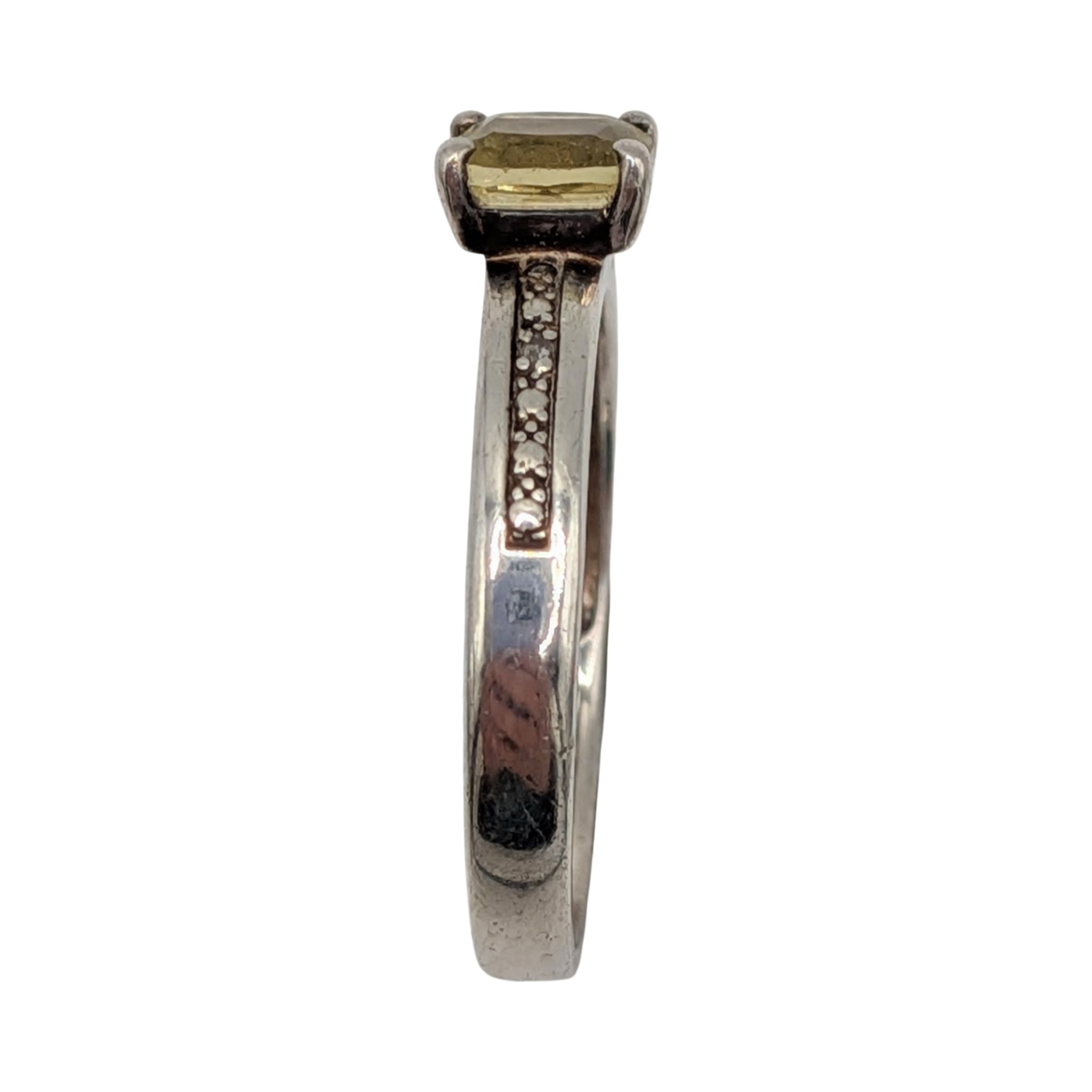 Signed Sterling Silver Citrine Diamond Princess Cut Ring Size 10.5