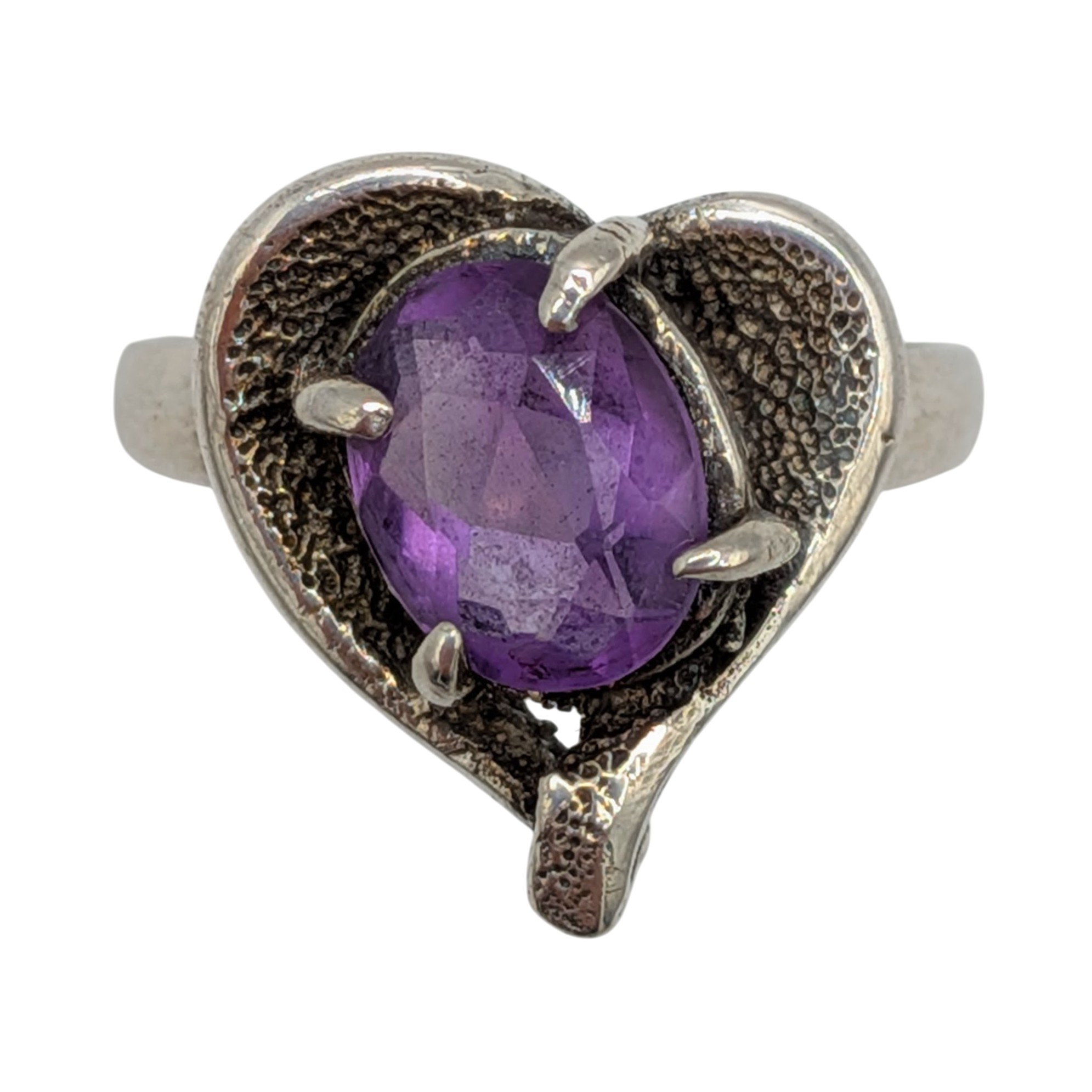 Sterling Silver Amethyst Open Heart Ring Size 8.5
