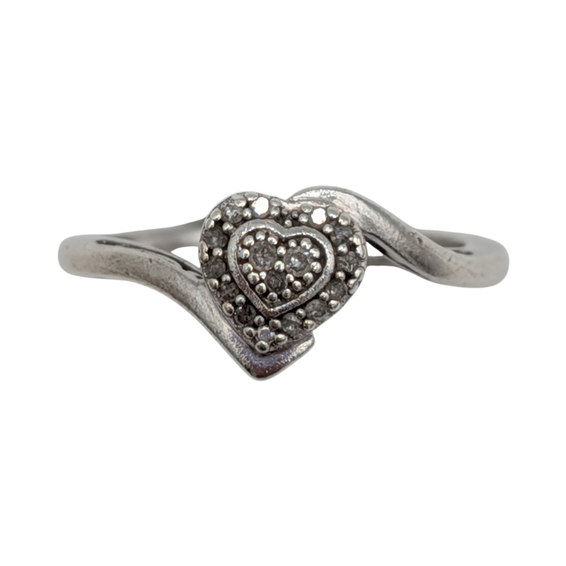Signed Sterling Silver Diamond Pave Cluster Heart Ring Size 7