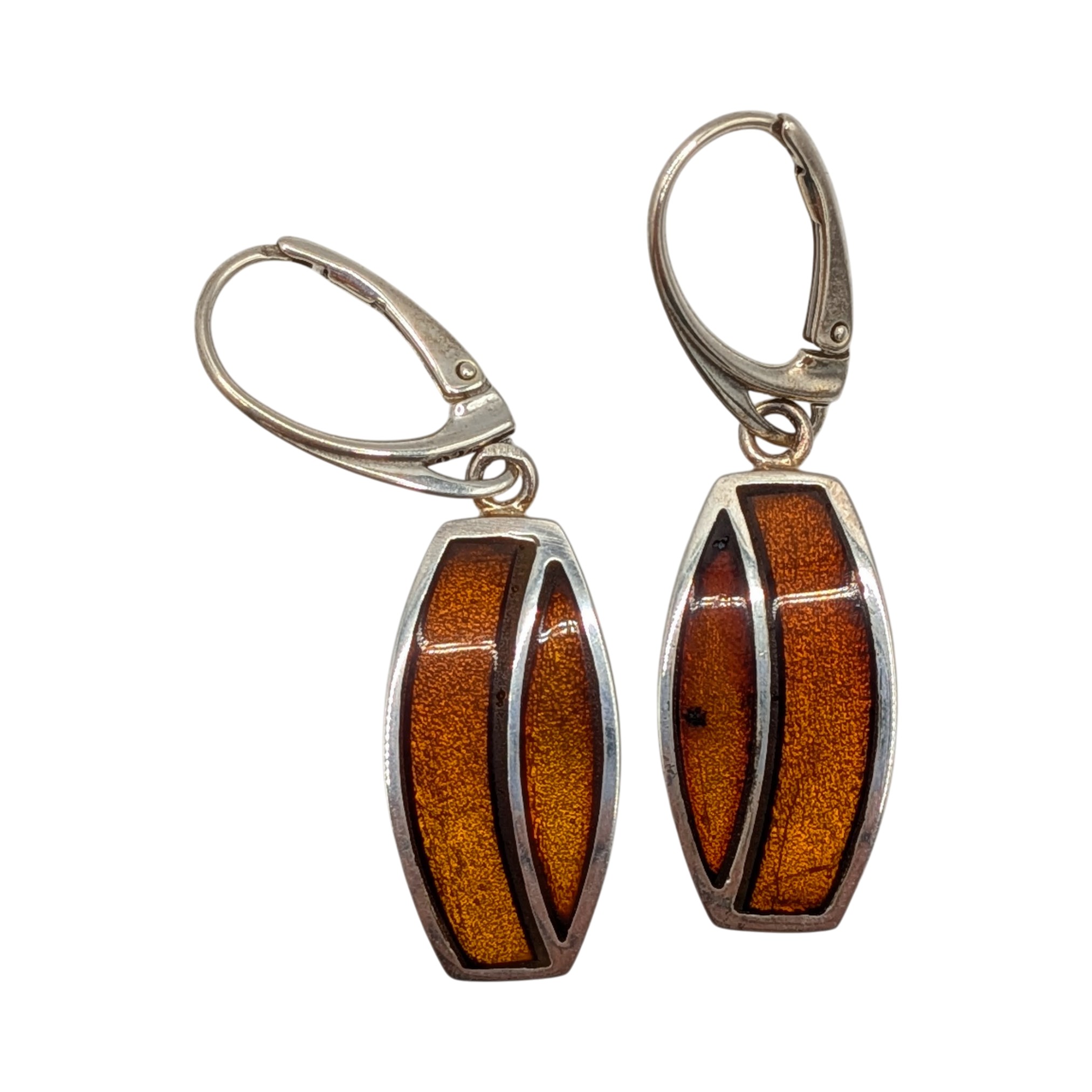 New Polish Sterling Silver Amber Inlay Modern Drop Earrings