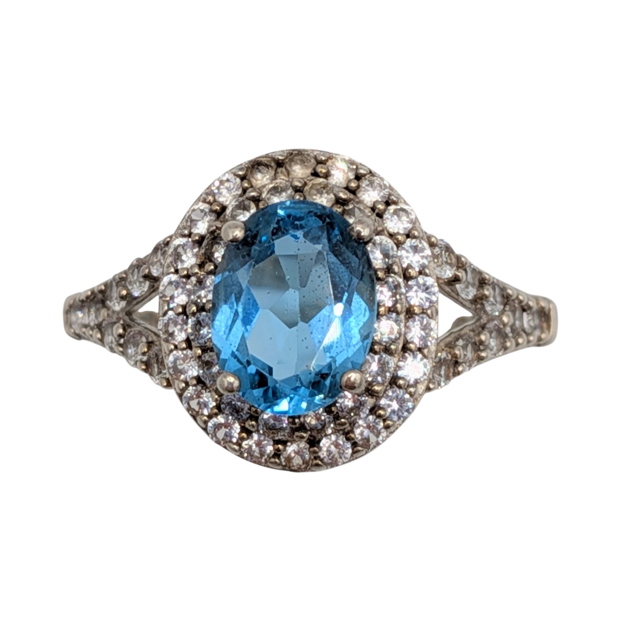 Signed Sterling Silver Blue And White Topaz Oval Cut Double Halo Ring Size 7