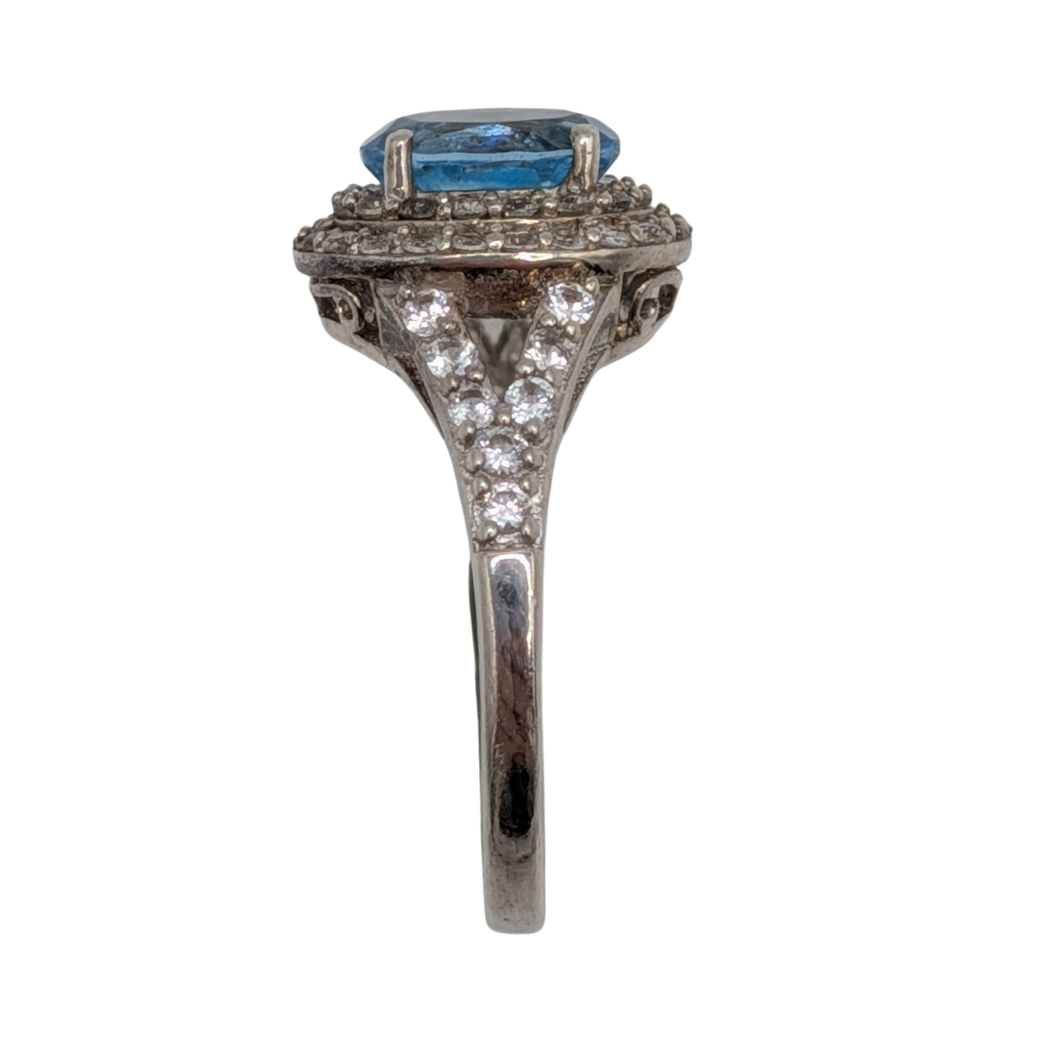 Signed Sterling Silver Blue And White Topaz Oval Cut Double Halo Ring Size 7