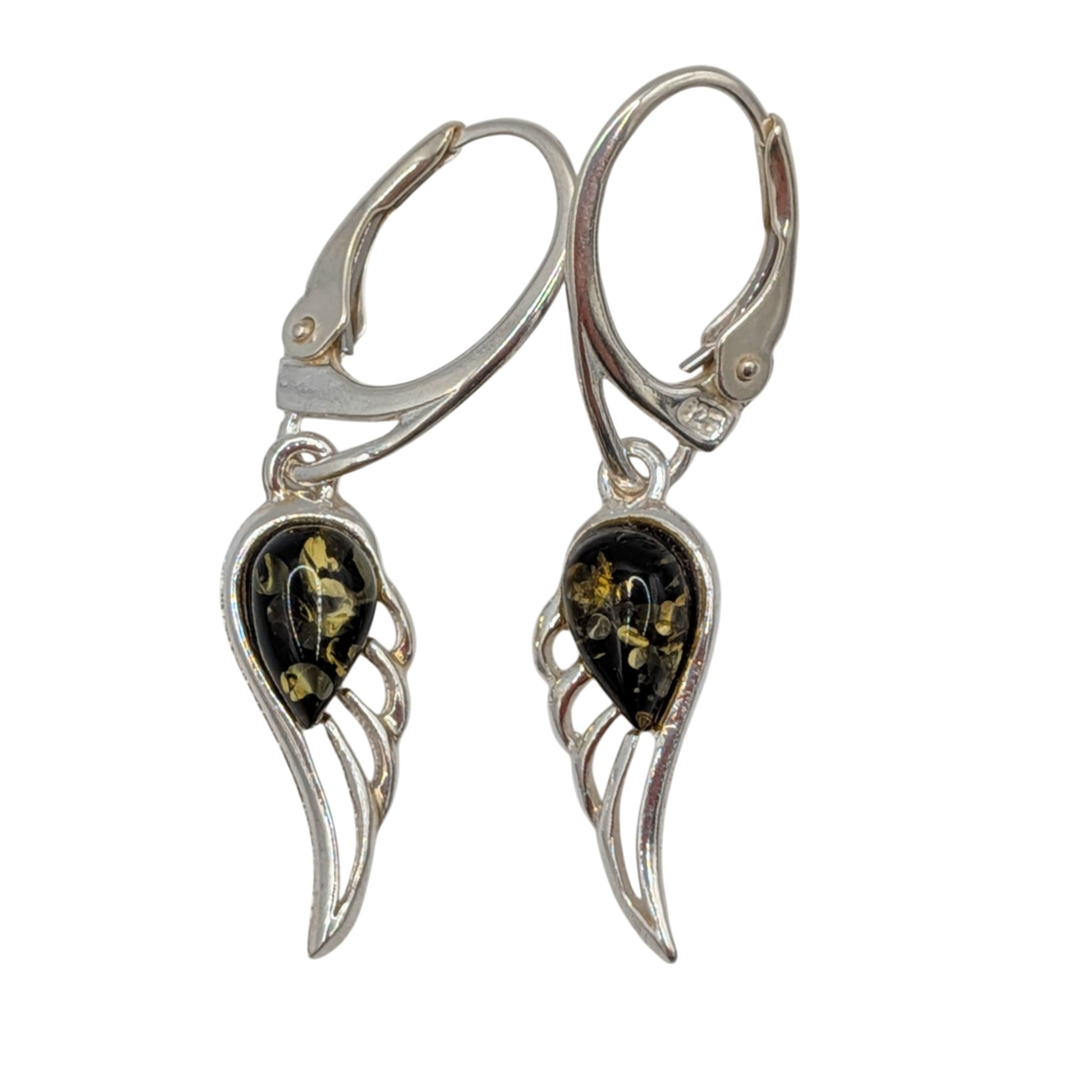 Sterling Silver Green Amber Wing Drop Earrings