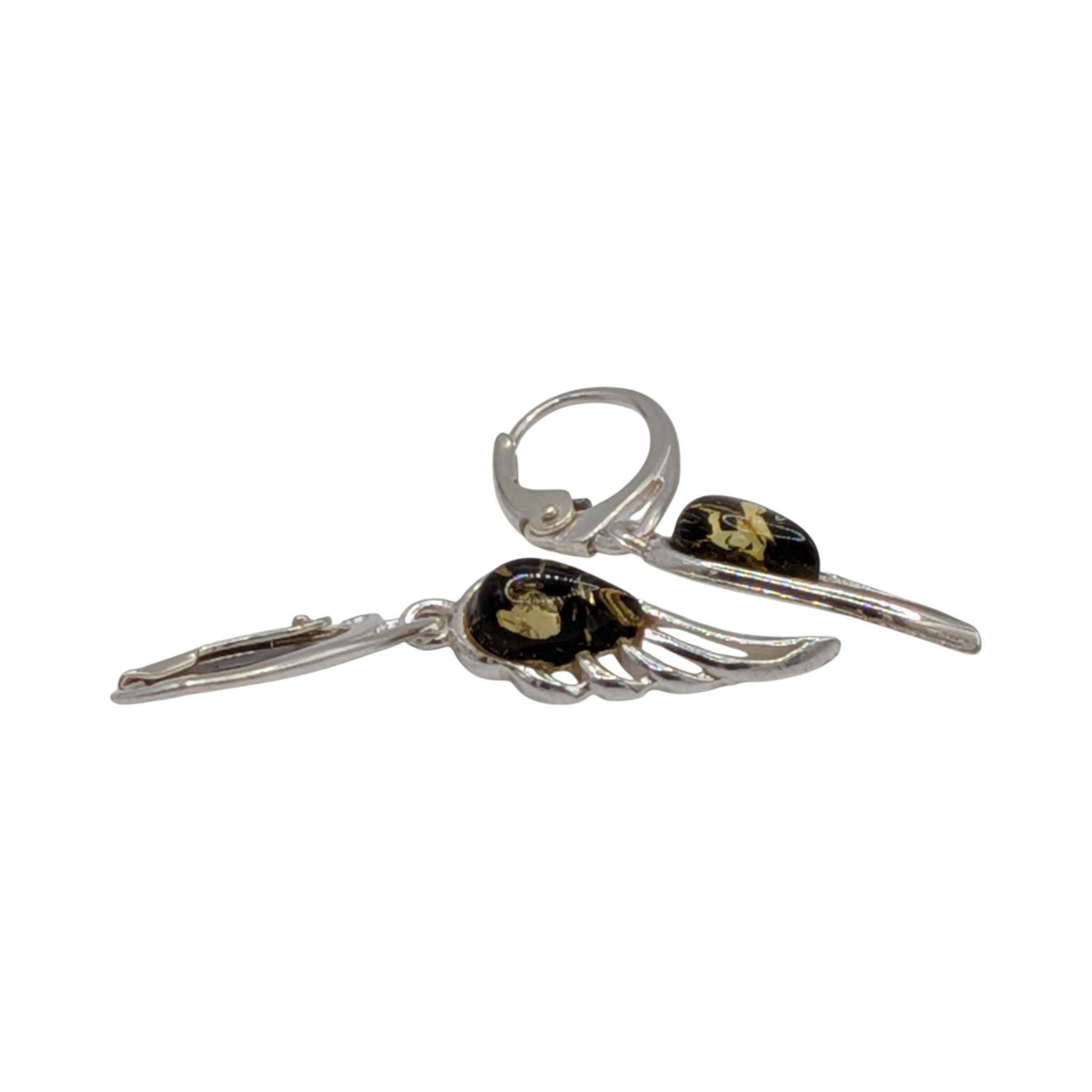 Sterling Silver Green Amber Wing Drop Earrings