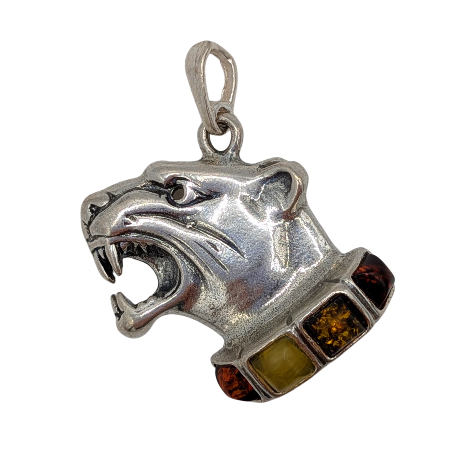 Sterling Silver Tri Tone Amber Panther Head Pendant