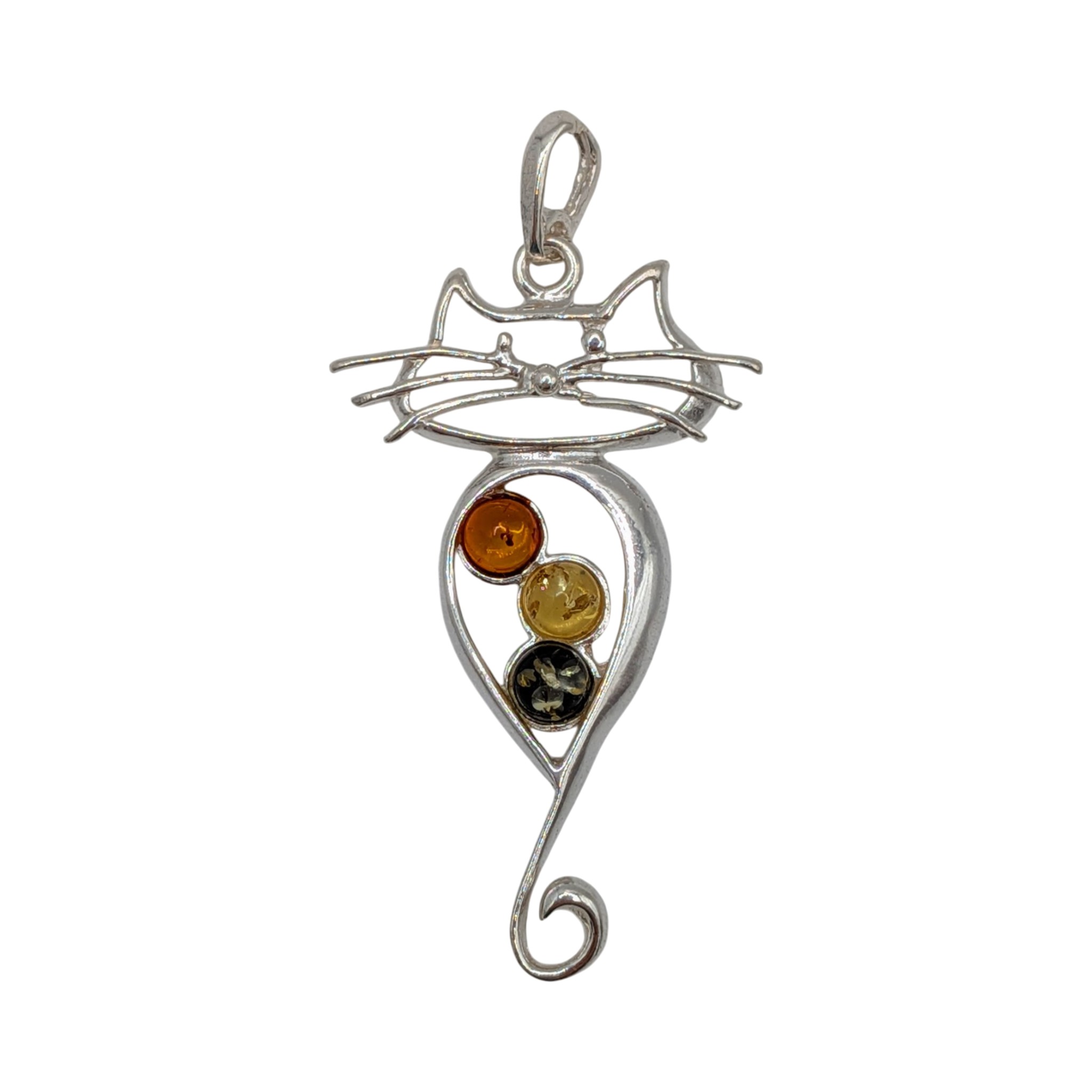 Sterling Silver Orange Amber Green Amber Honey Amber Cat Pendant