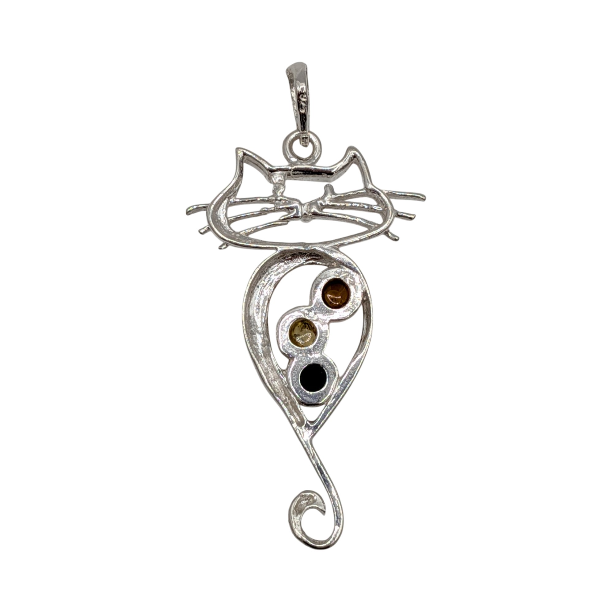 Sterling Silver Orange Amber Green Amber Honey Amber Cat Pendant