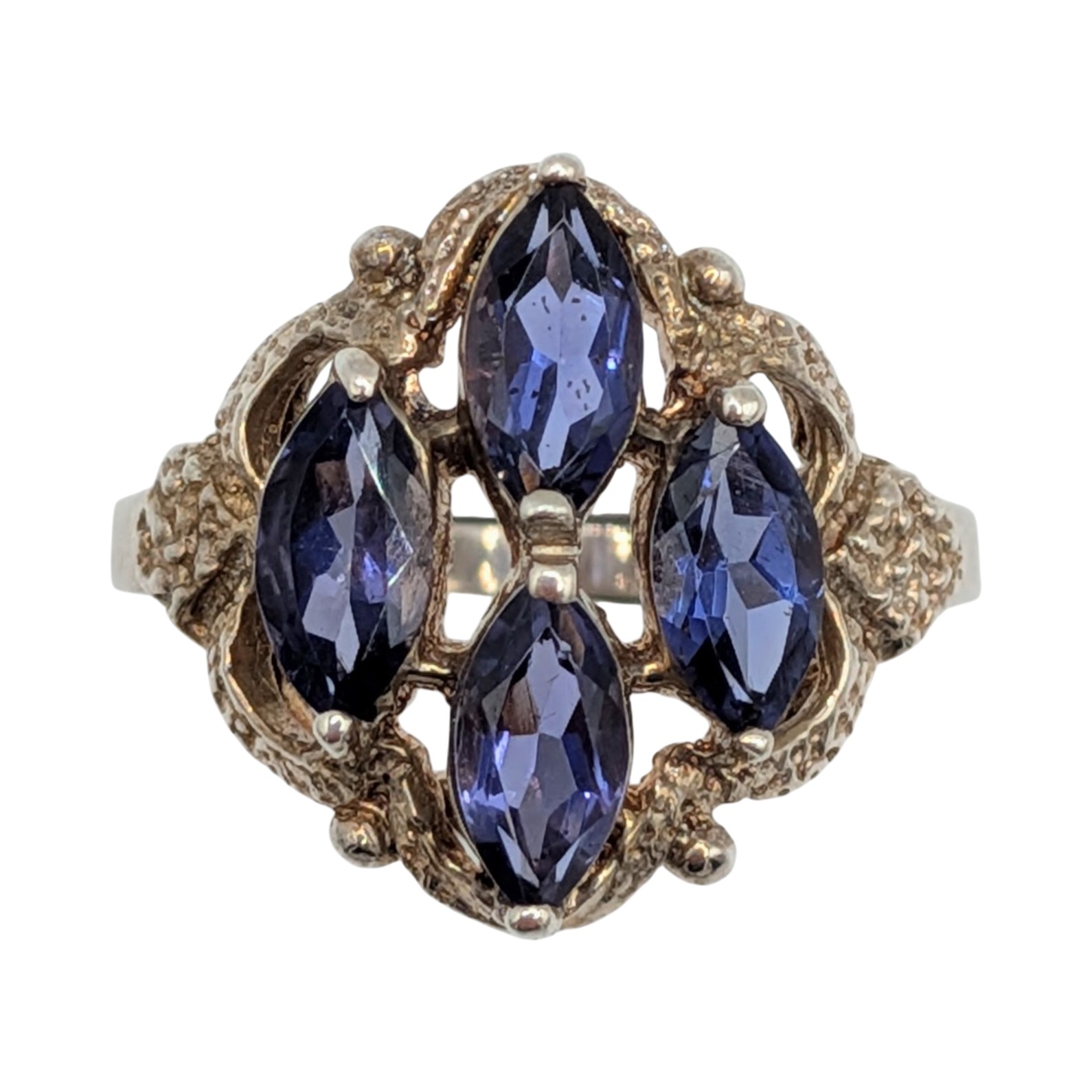 Signed Sterling Silver Iolite Marquise Cut Cluster Ring