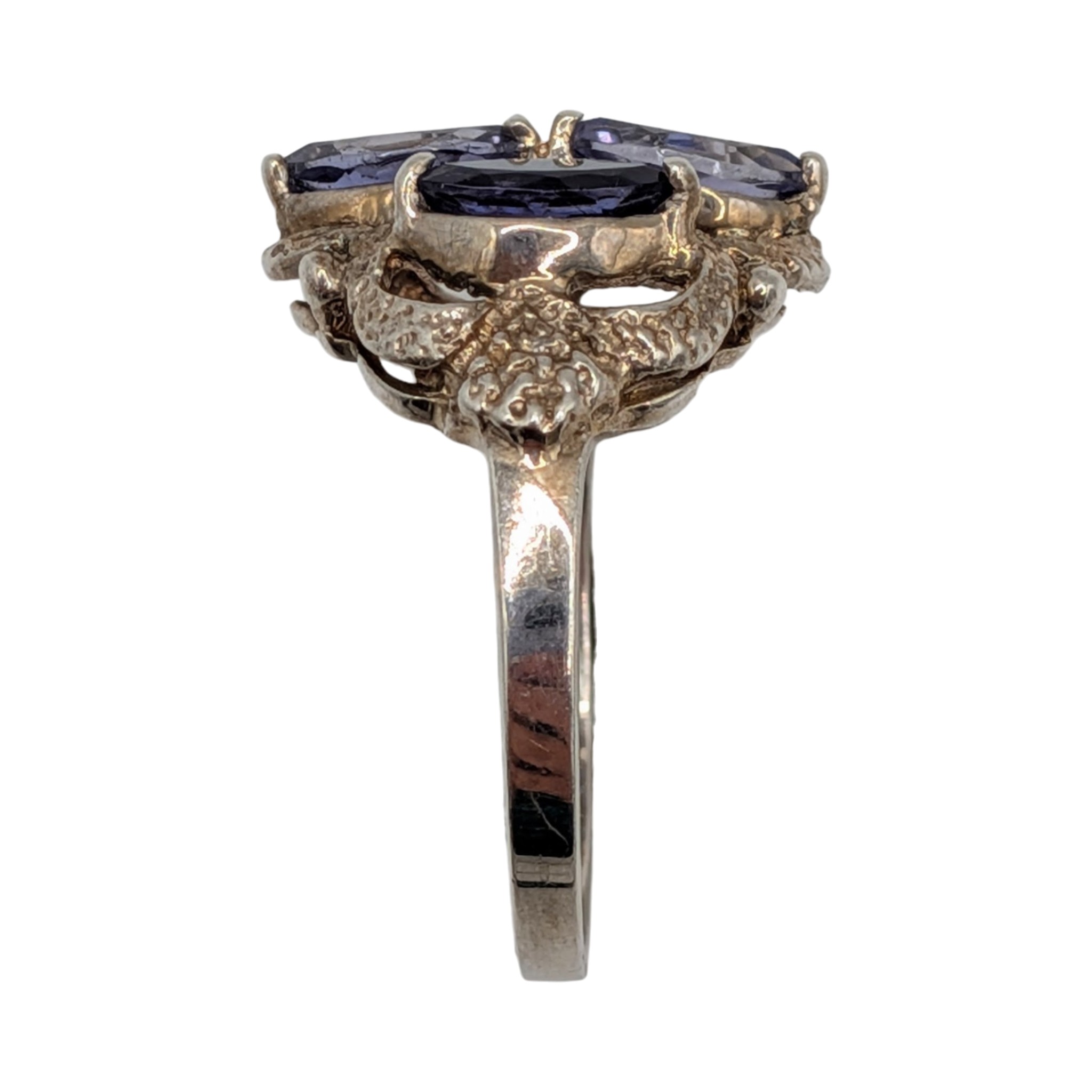 Signed Sterling Silver Iolite Marquise Cut Cluster Ring