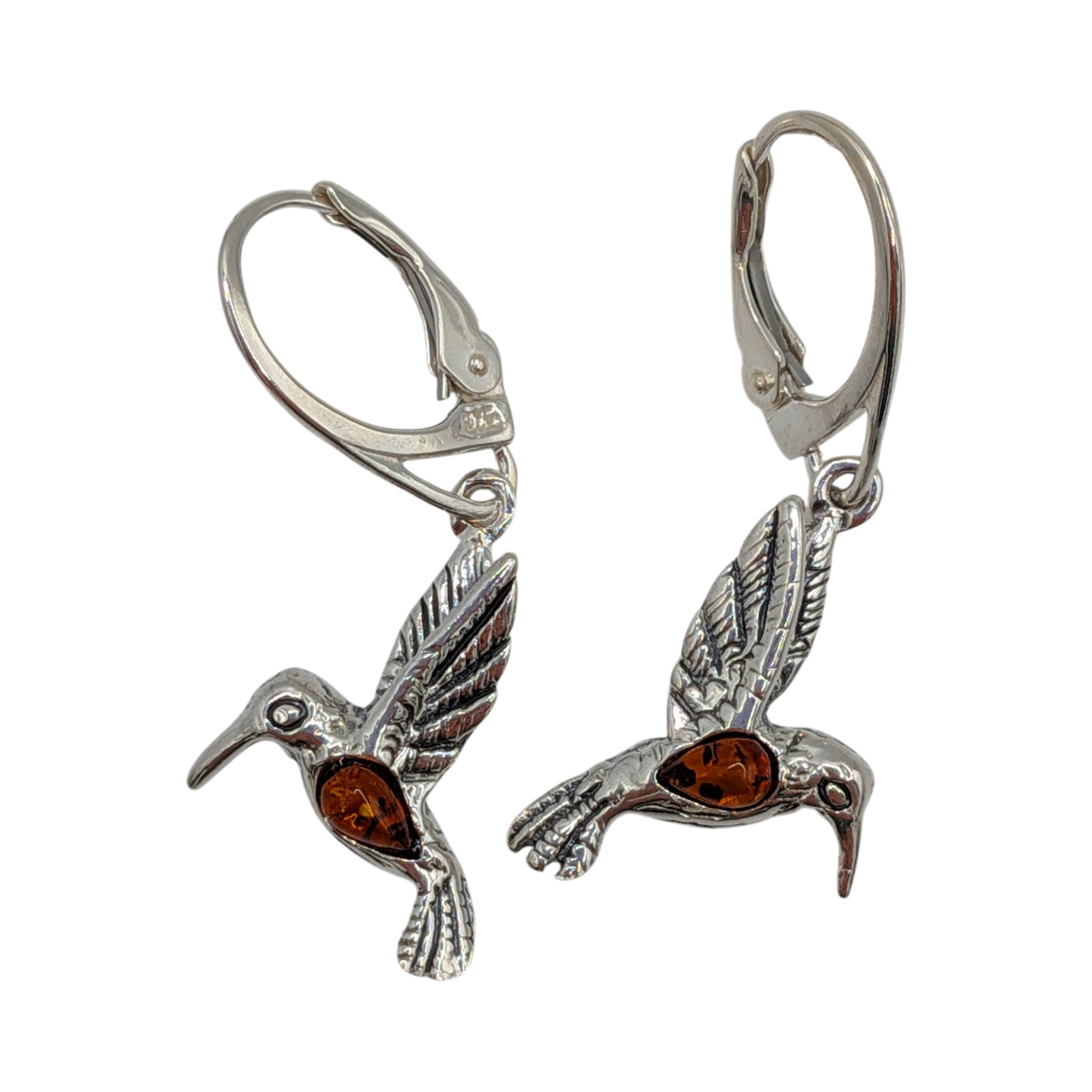 Sterling Silver Amber Hummingbird Drop Earrings