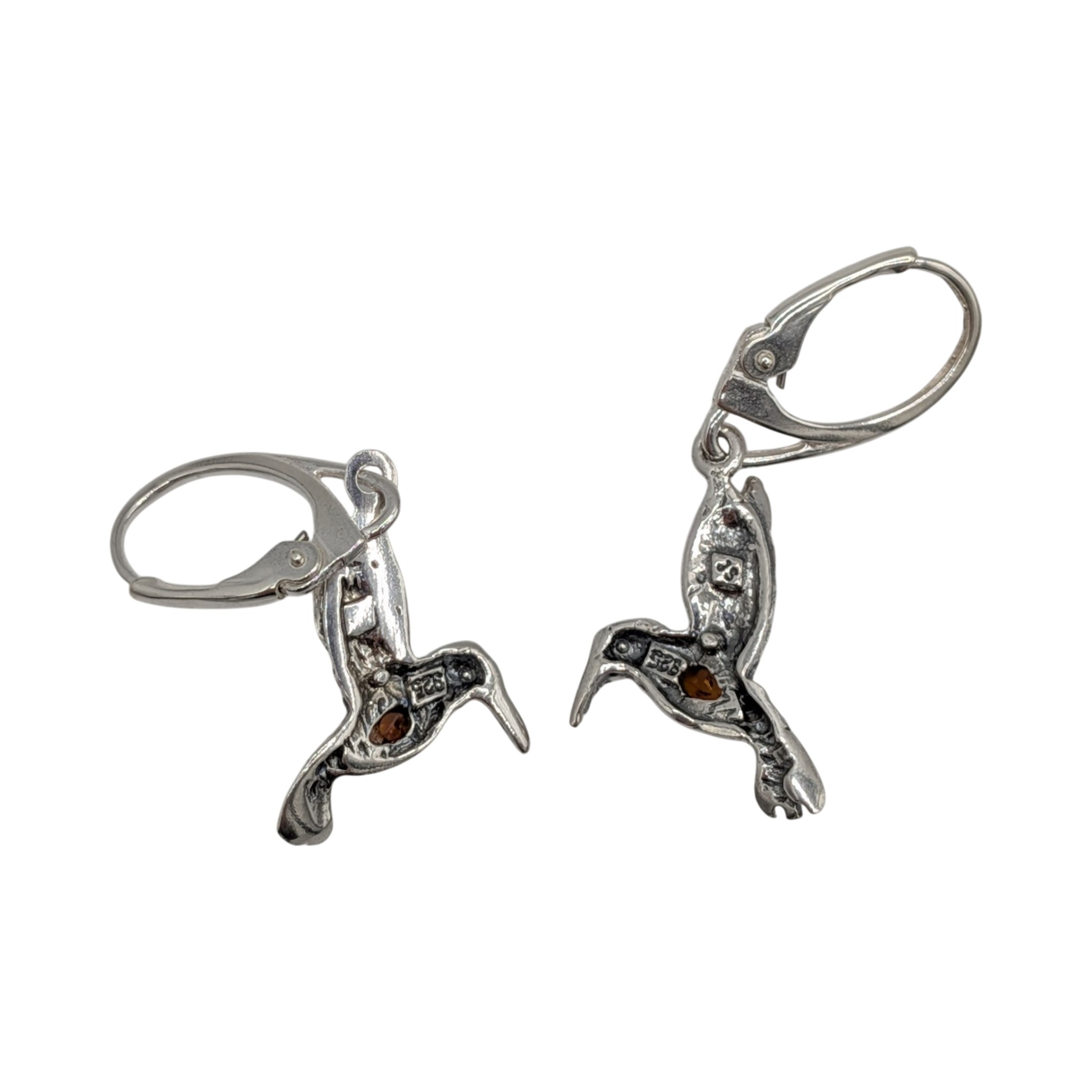 Sterling Silver Amber Hummingbird Drop Earrings