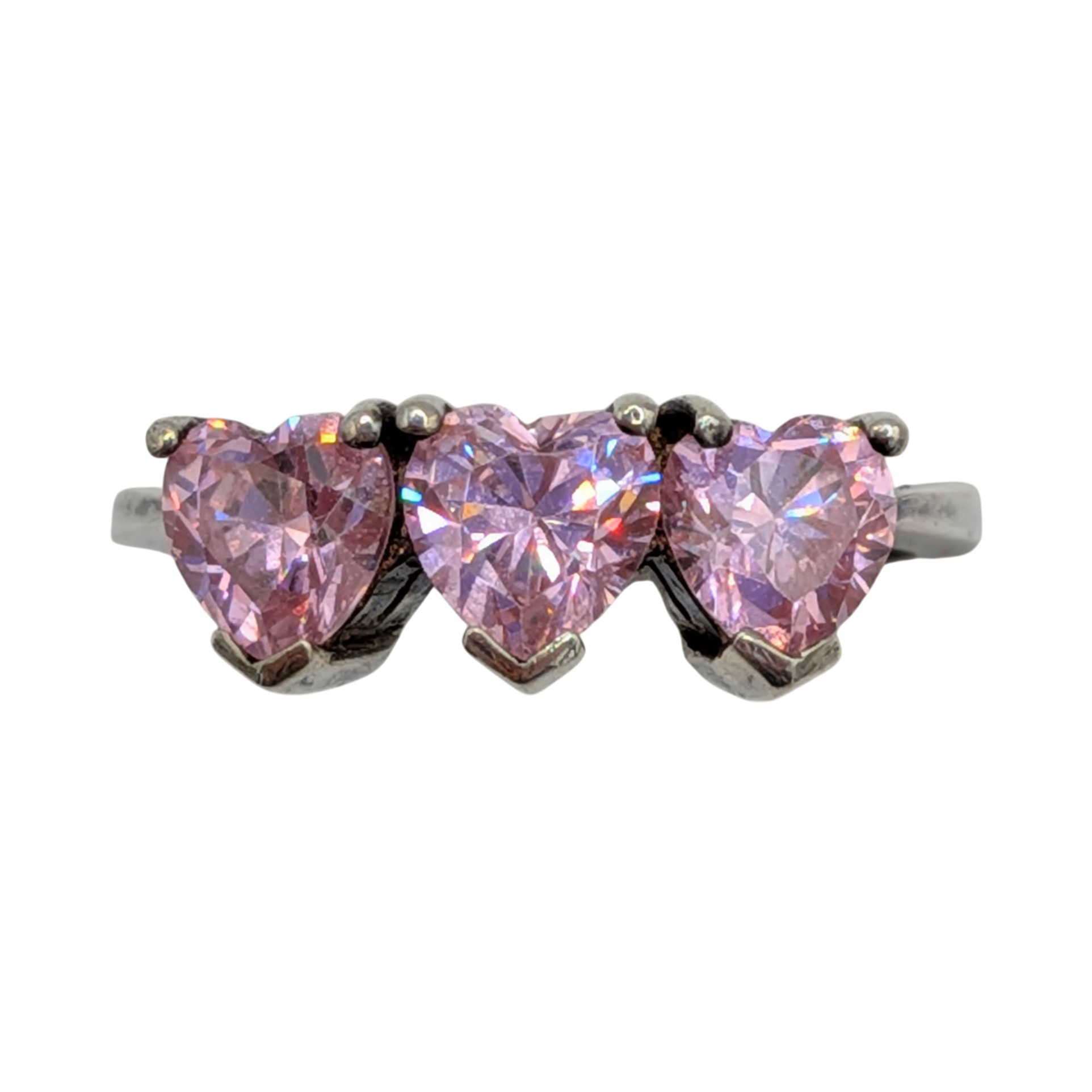 Sterling Silver Light Pink CZ Heart Cut Trilogy Ring Size 5.75
