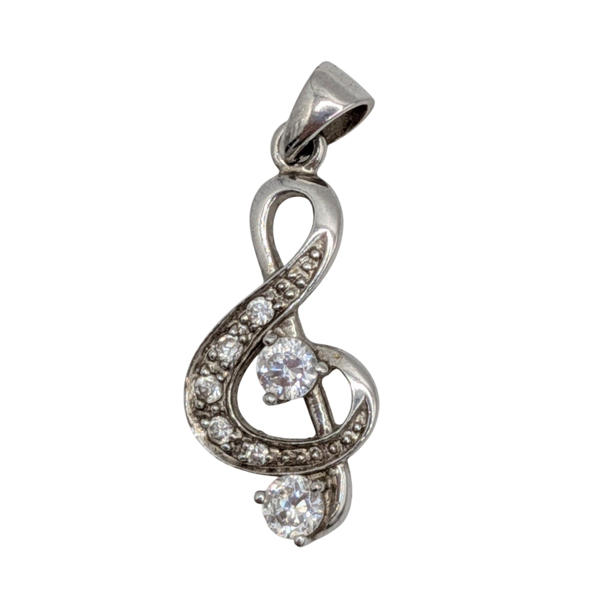 Signed Sterling Silver Diamond Micro Pave CZ Treble Clef Drop Pendant