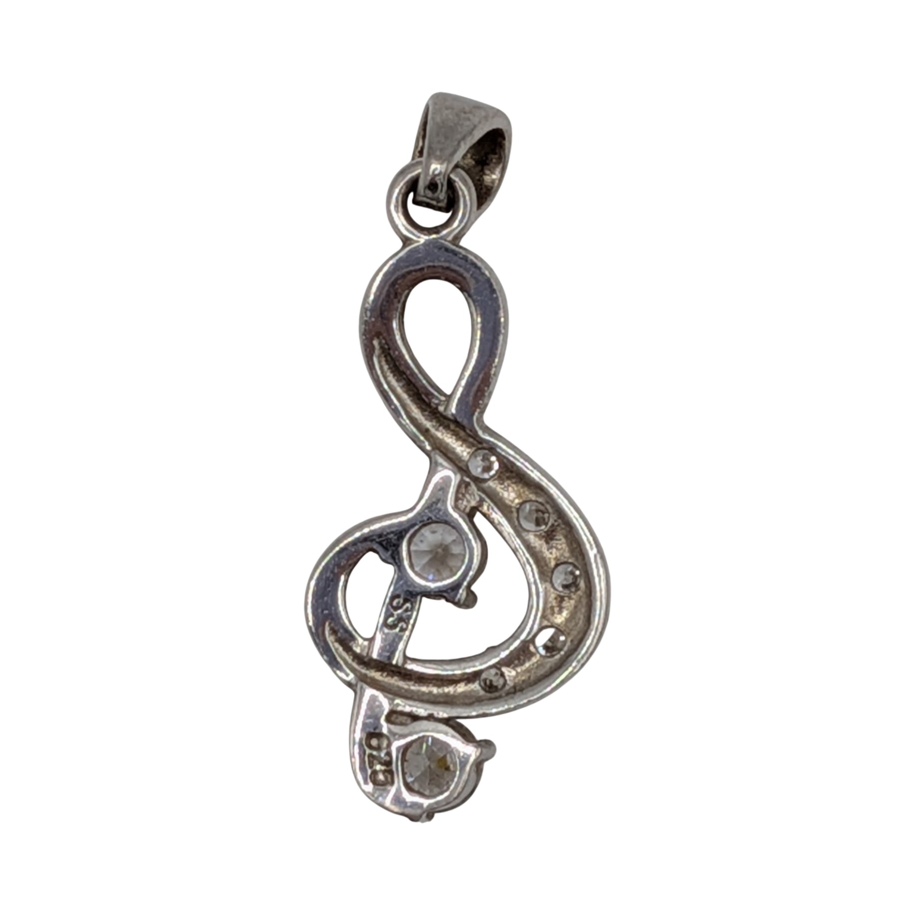 Signed Sterling Silver Diamond Micro Pave CZ Treble Clef Drop Pendant