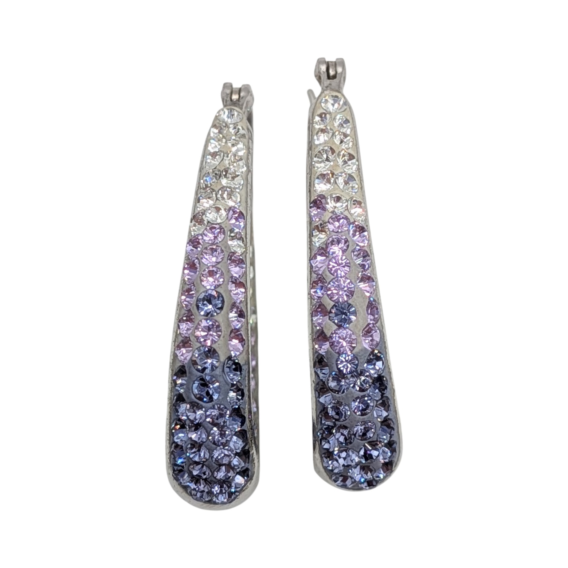 Sterling Silver Long Oval Hoop Rhinestone Earrings