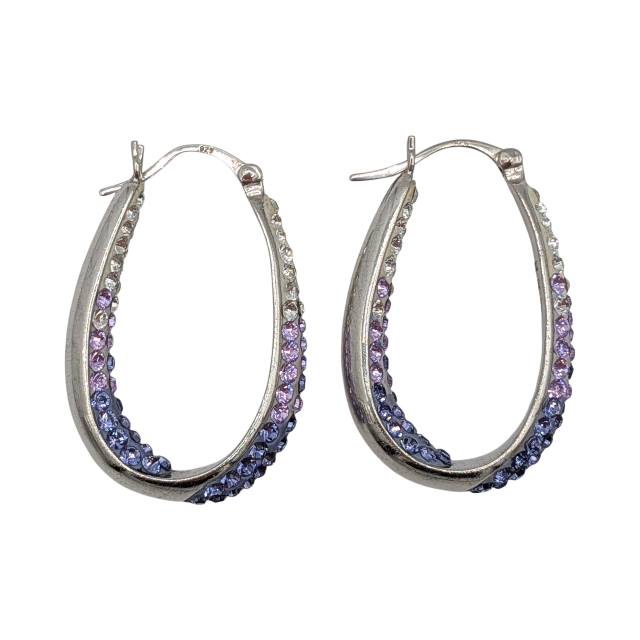 Sterling Silver Long Oval Hoop Rhinestone Earrings