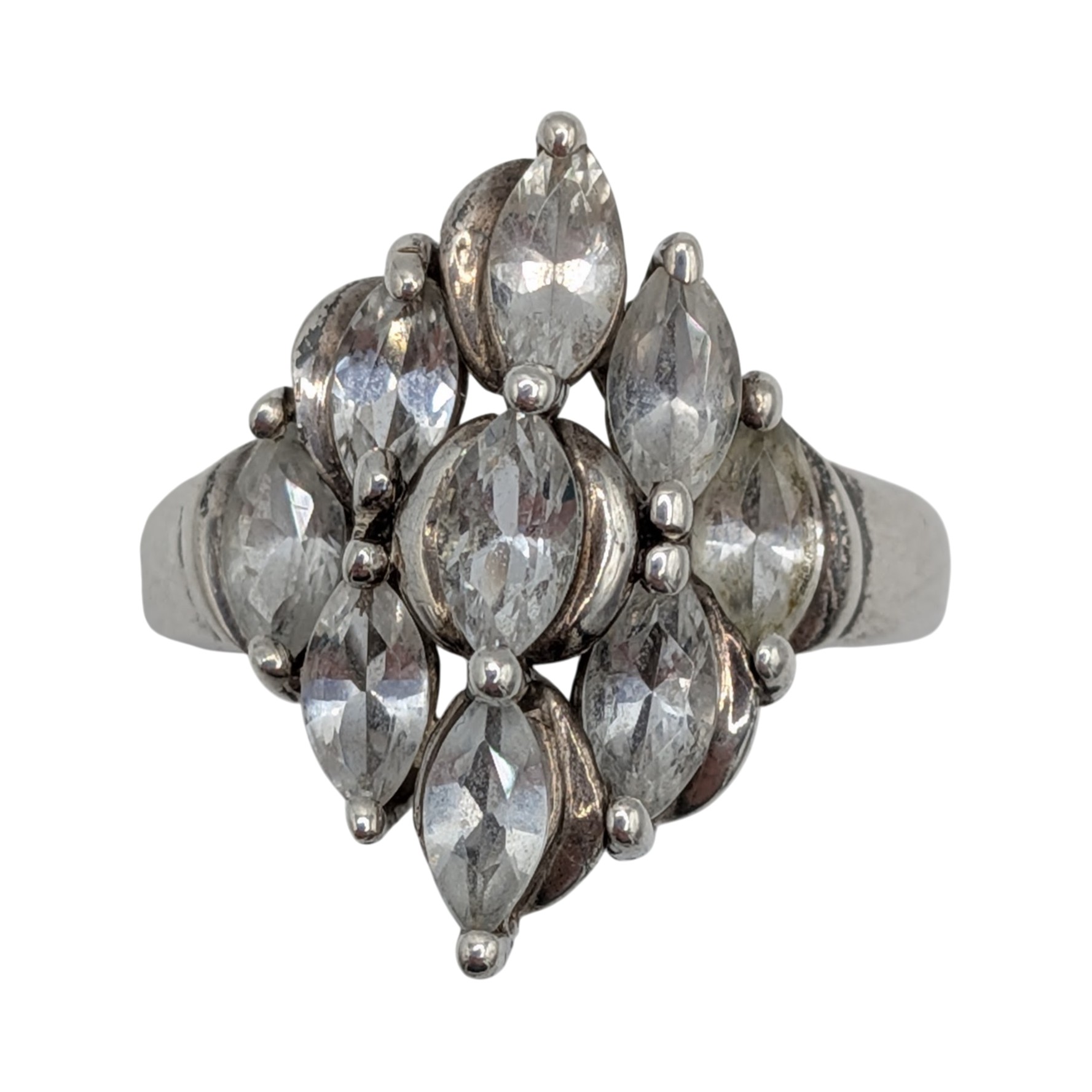 Signed Sterling Silver Topaz Marquise Cut Cluster Ring Size 8.25