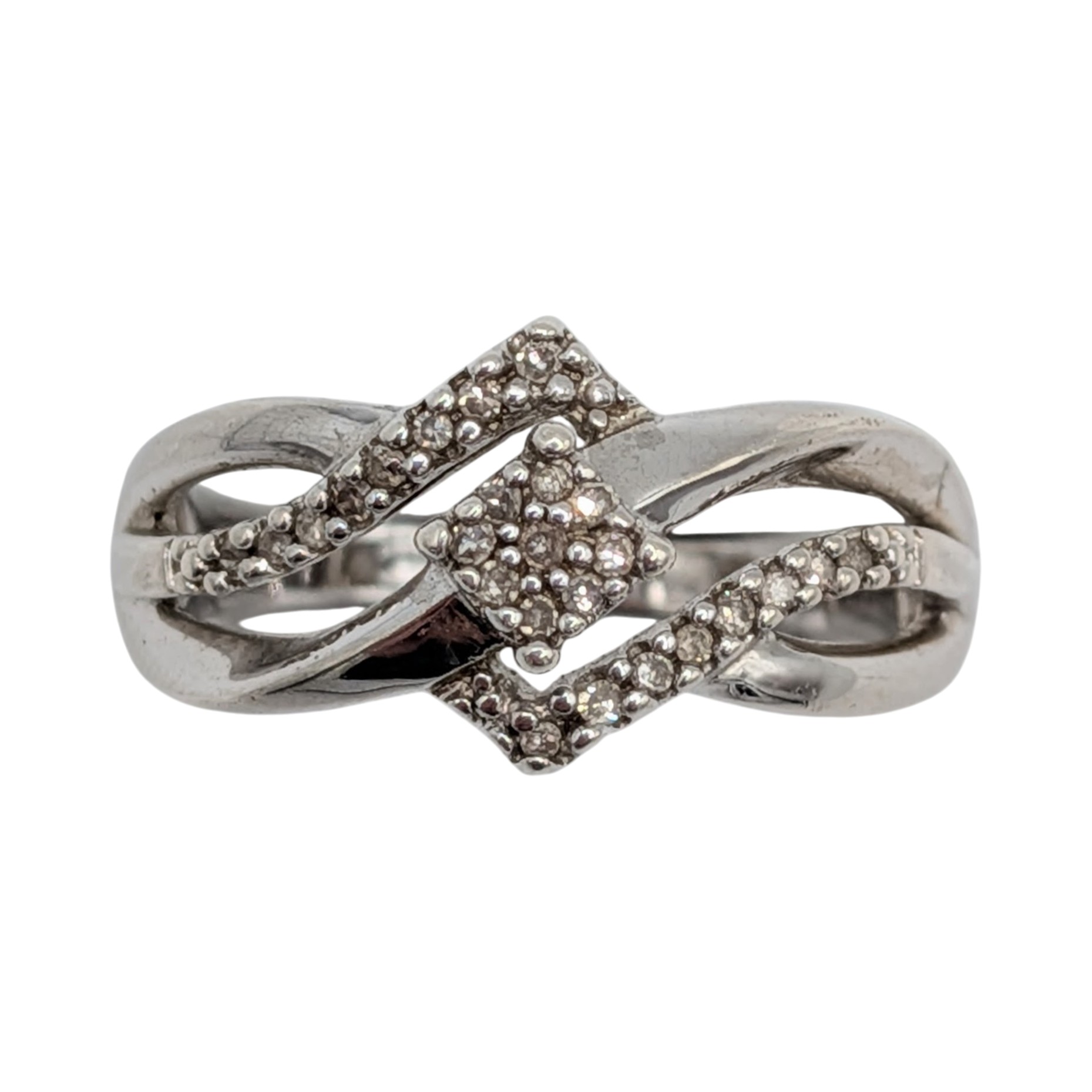 Signed Sterling Silver Diamond Open Work Twist Ring Size 6.5
