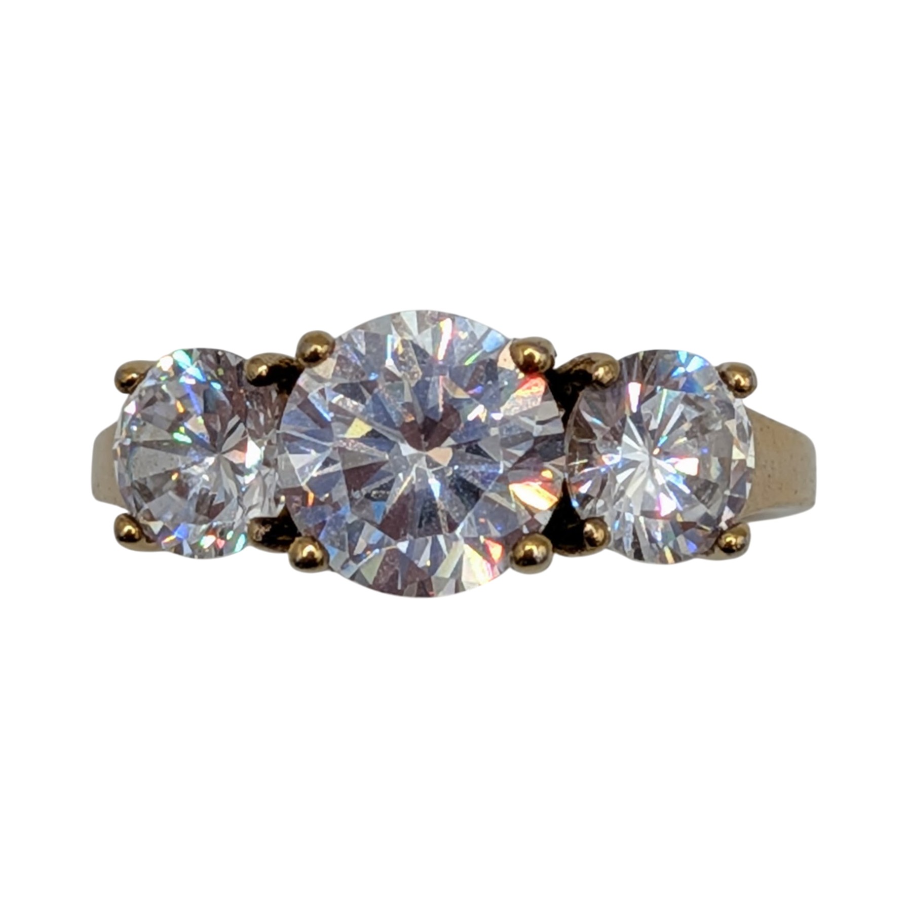 Signed Gold Over Sterling White CZ Round Cut 3 Stone Ring Size 8