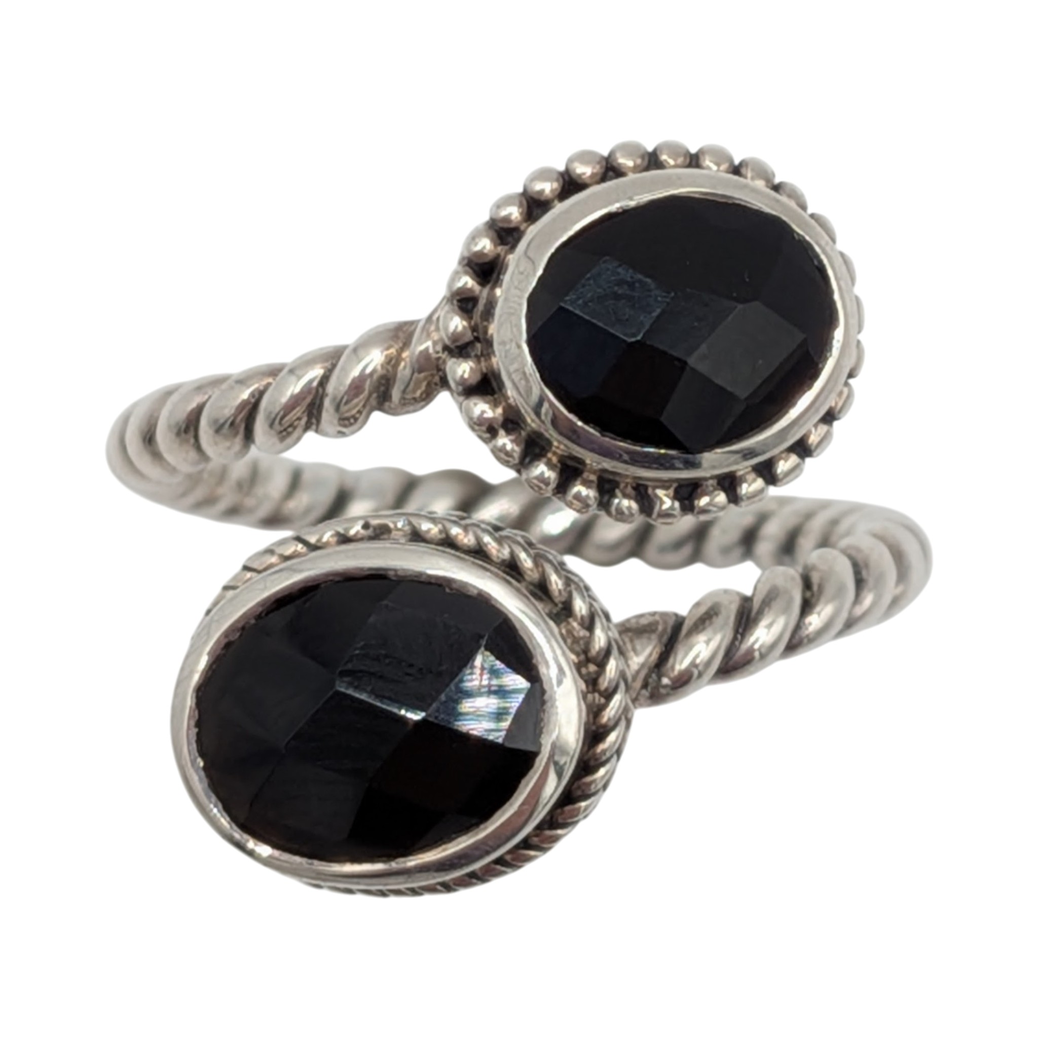Signed Sterling Silver Onyx Cushion Cut Oval Twisted Band 2 Stone Ring Size 6.5