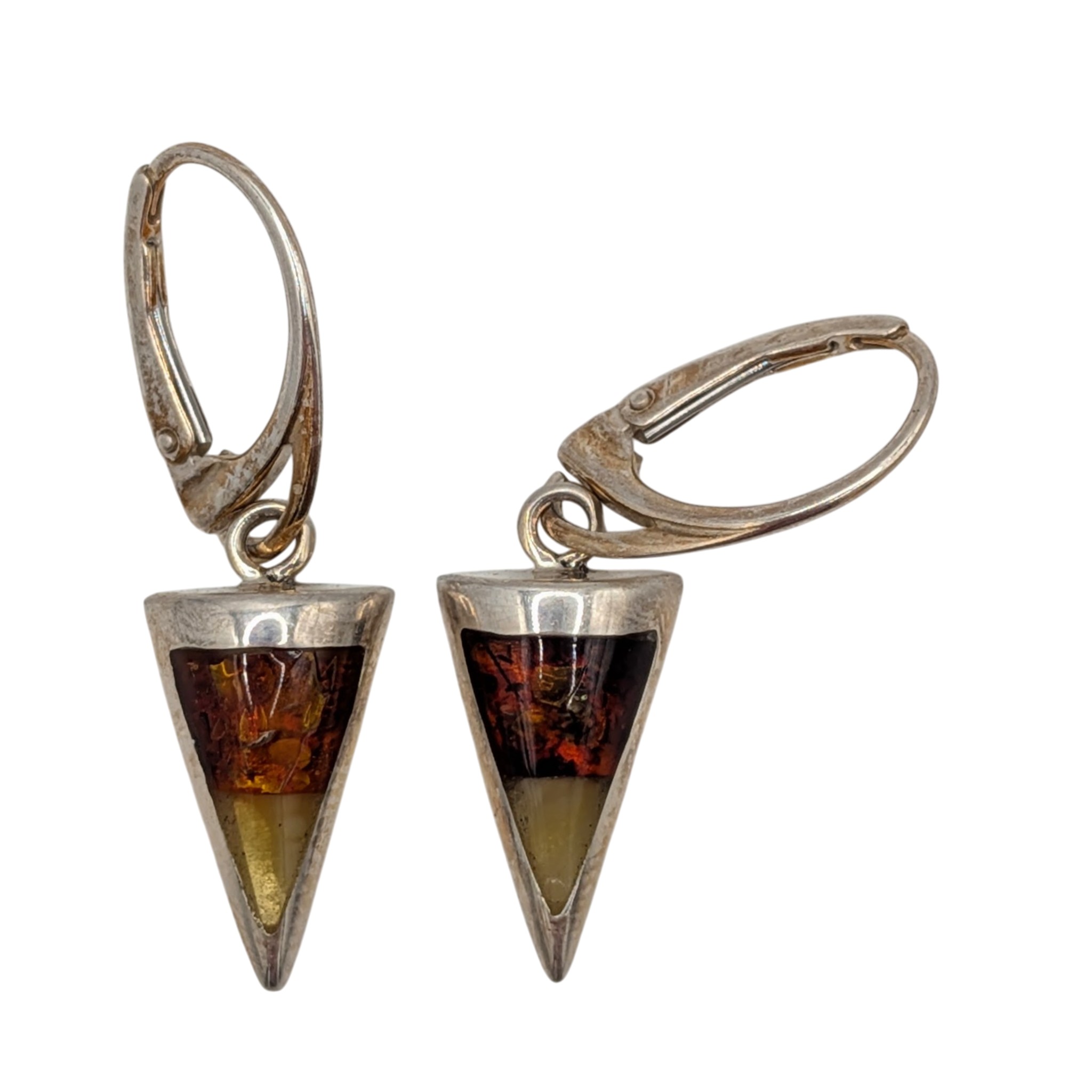 New Polish Sterling Silver Two Tone Amber Spike Drop Earrings