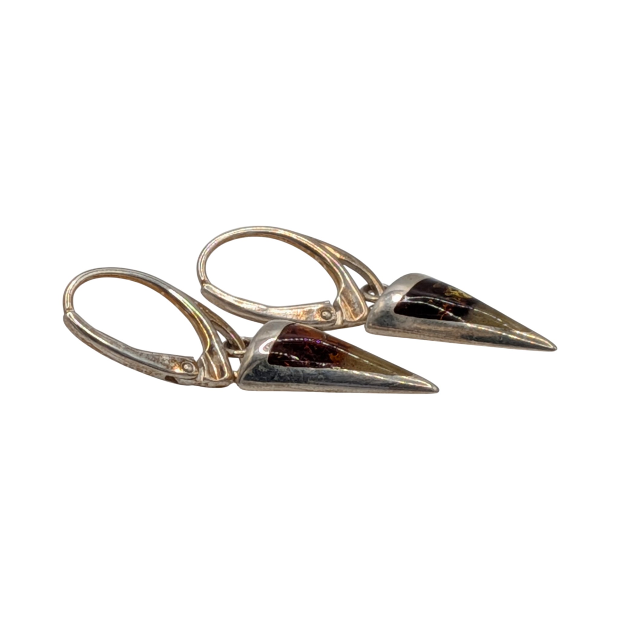 New Polish Sterling Silver Two Tone Amber Spike Drop Earrings