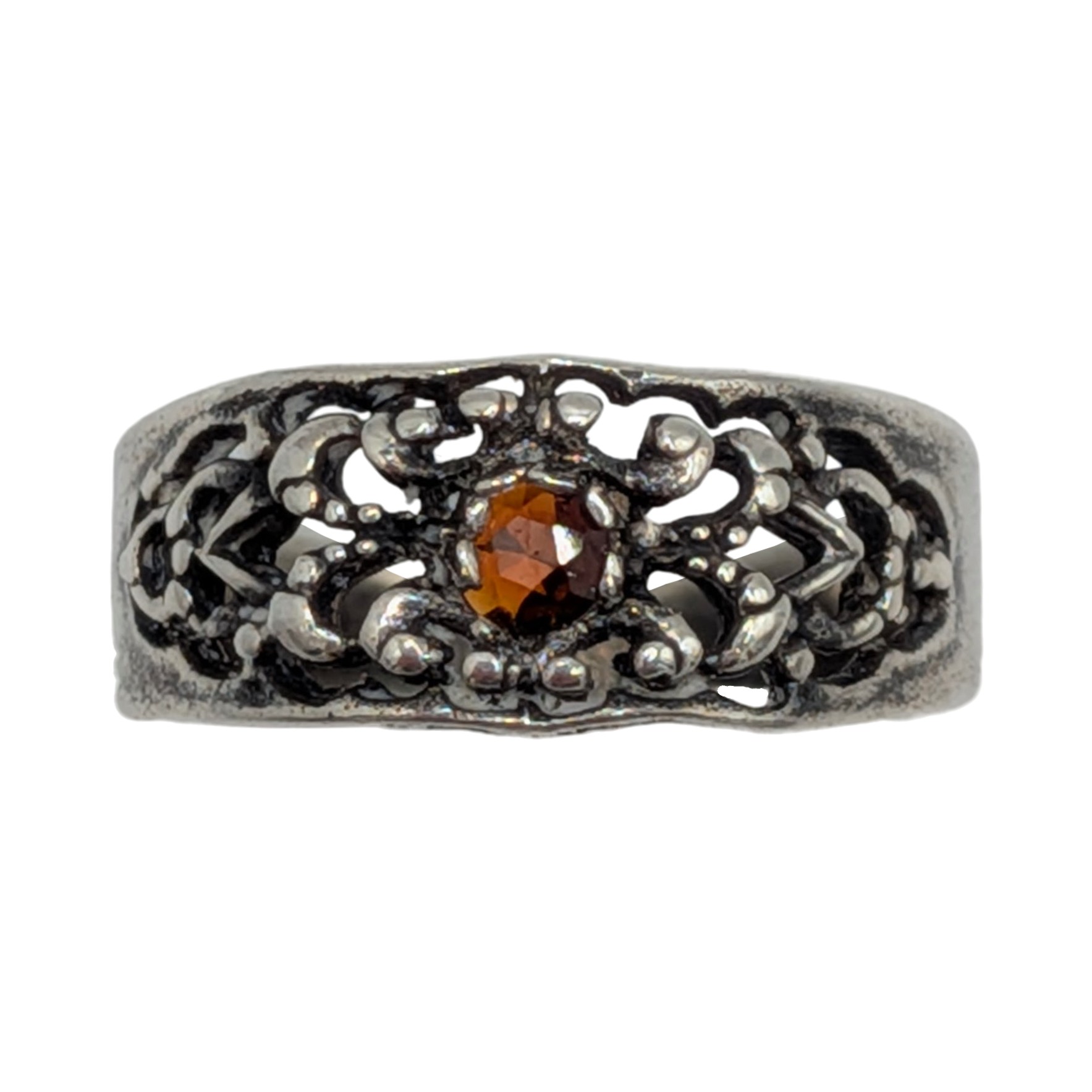 Signed Sterling Silver Garnet Lattice Band Ring Size 4.5