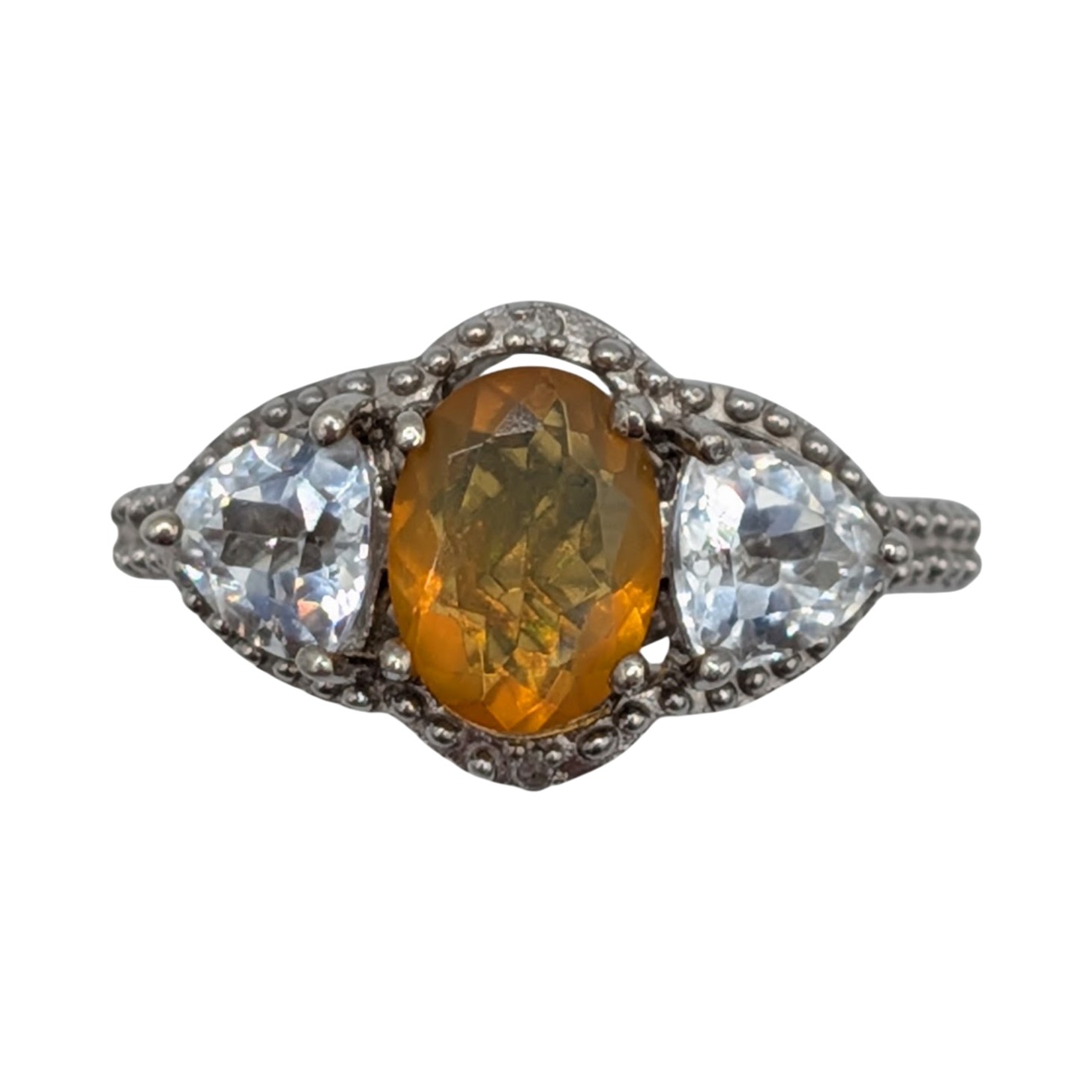Sterling Silver Fire Opal Topaz Diamond Tri Stone Ring Size 7