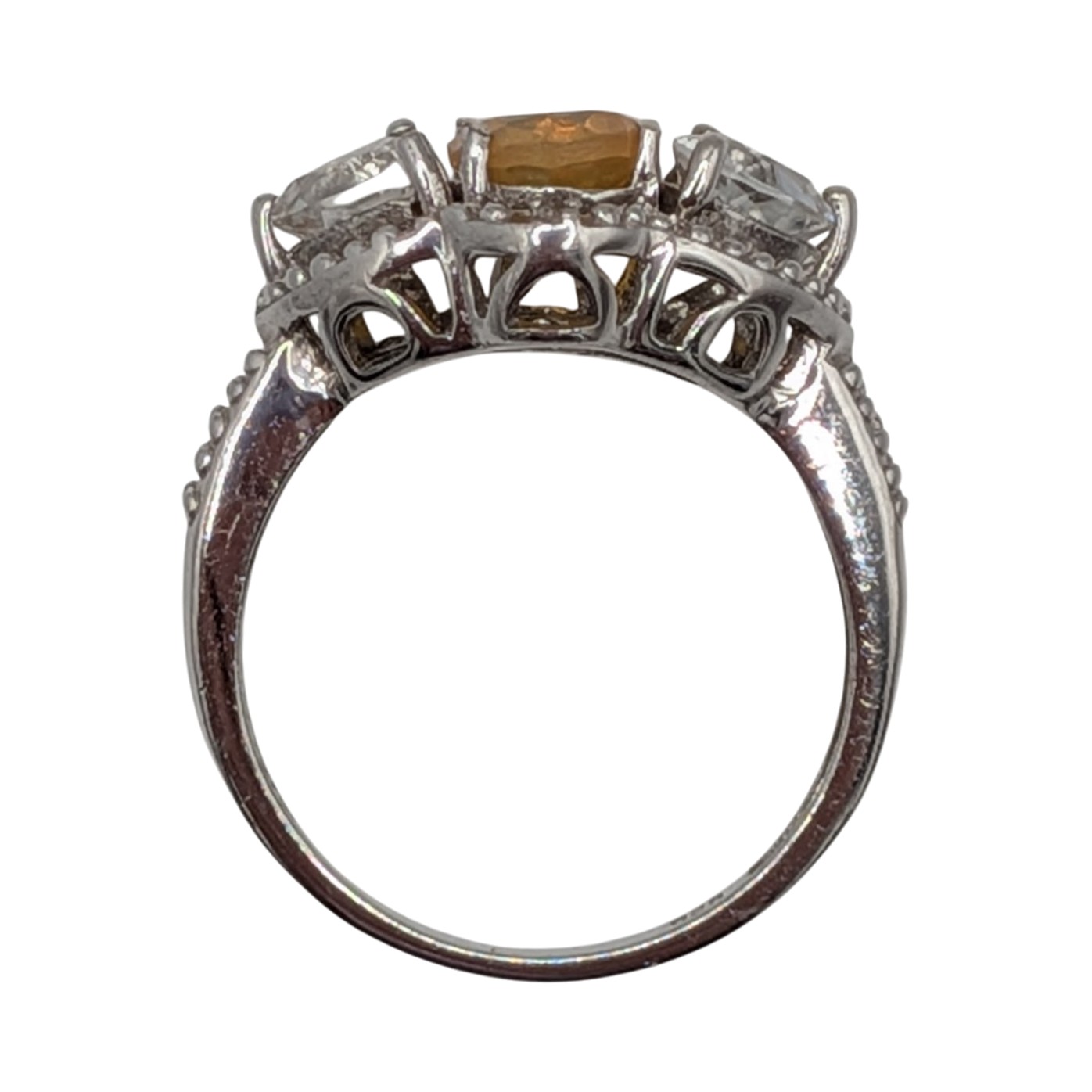 Sterling Silver Fire Opal Topaz Diamond Tri Stone Ring Size 7