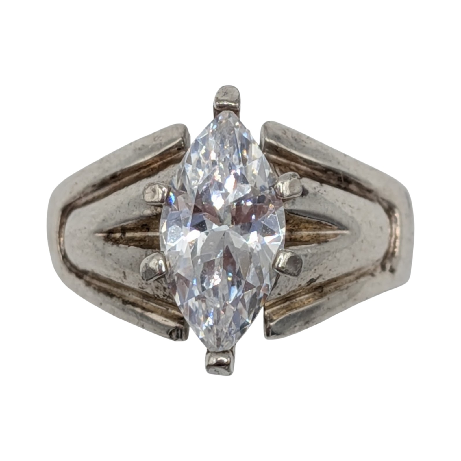 Signed Sterling Silver Clear Rhinestone Marquise Cut Solitaire Ring Size 7