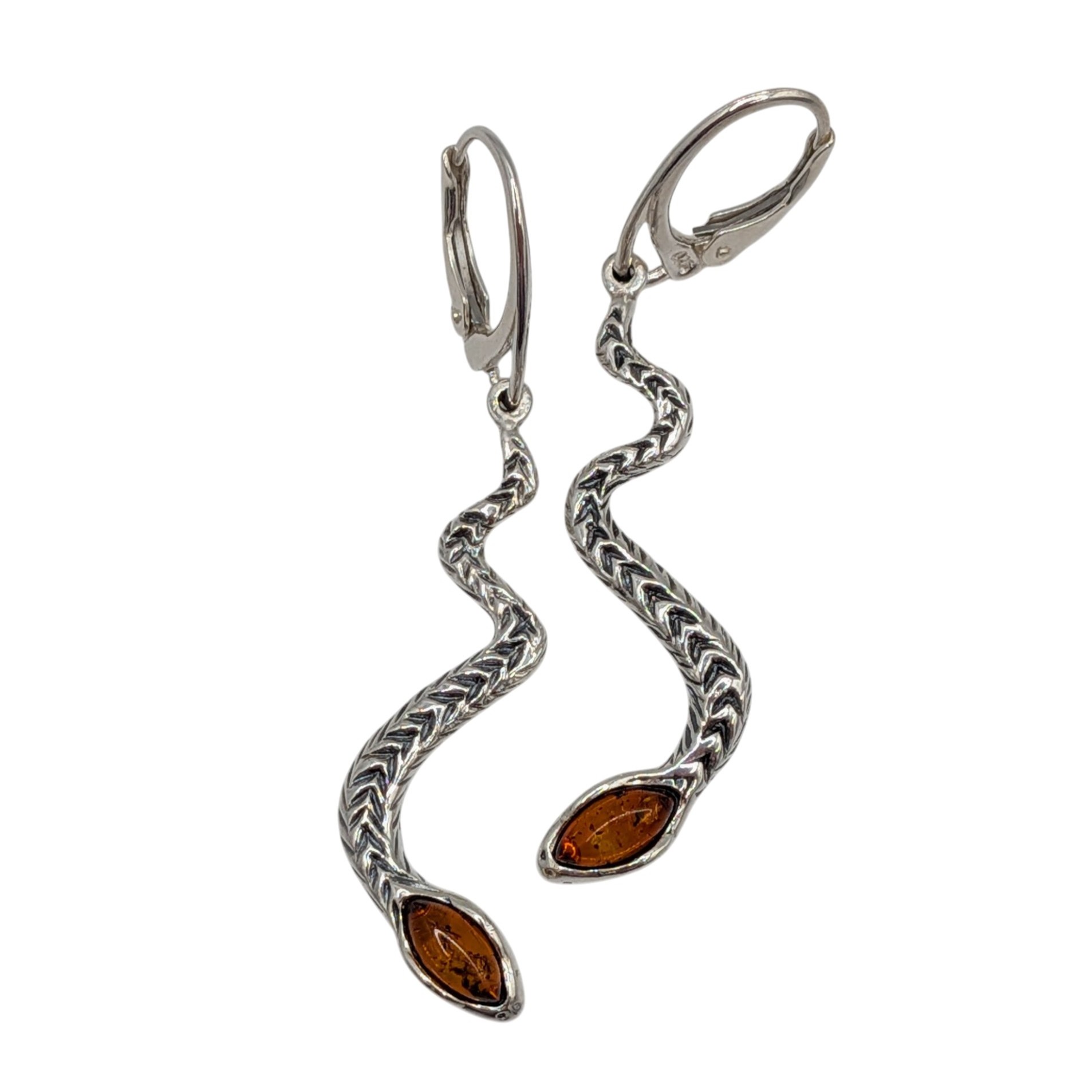 Signed Sterling Silver Amber Snake Drop Earrings