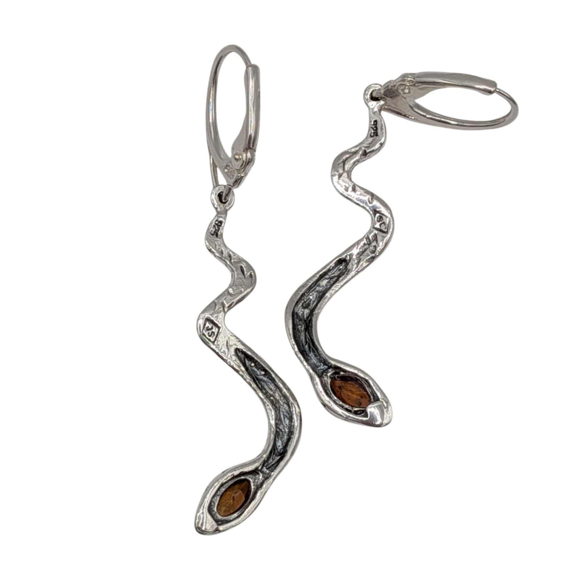 Signed Sterling Silver Amber Snake Drop Earrings