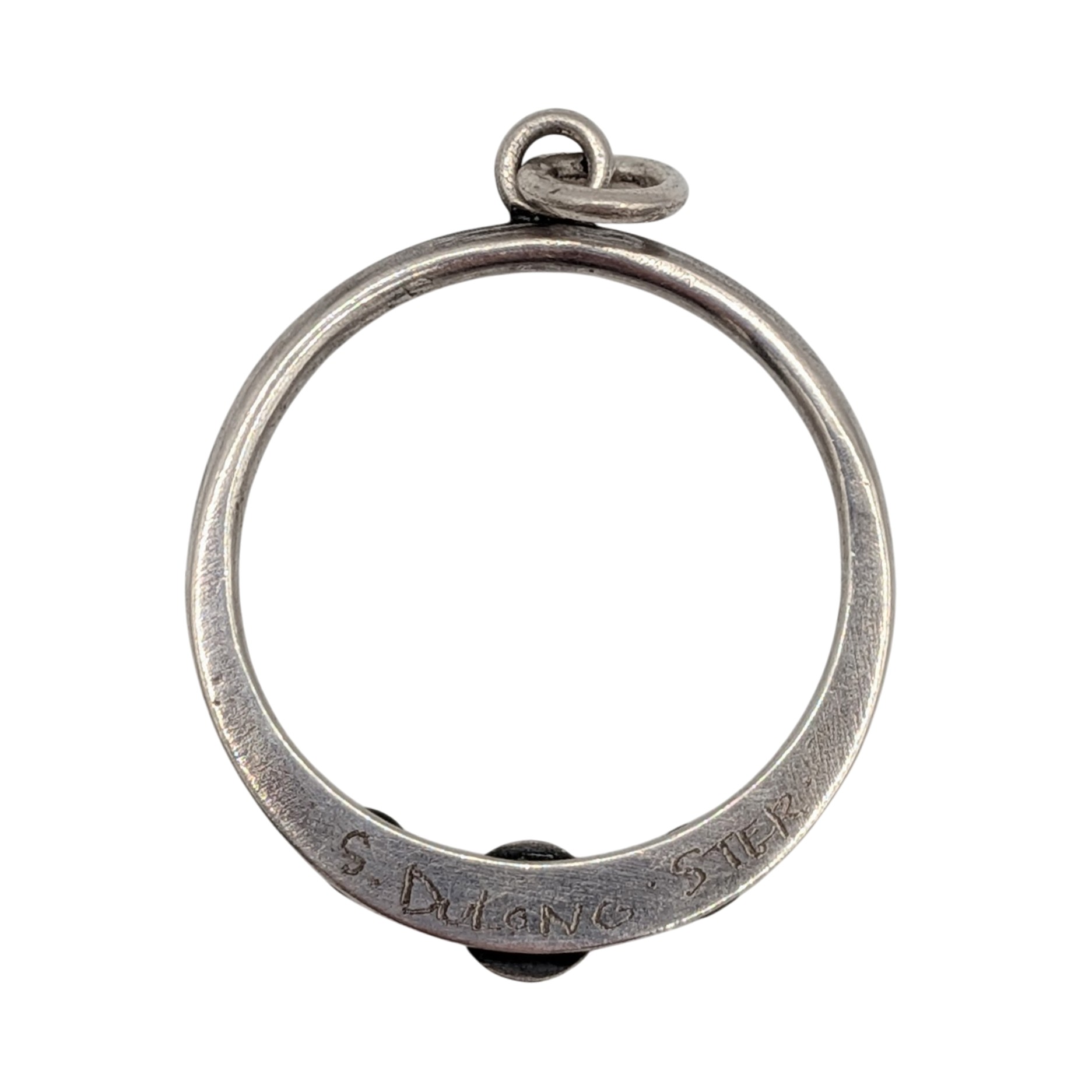 Signed Sterling Silver Triple Green Enamel Circle Hoop Pendant