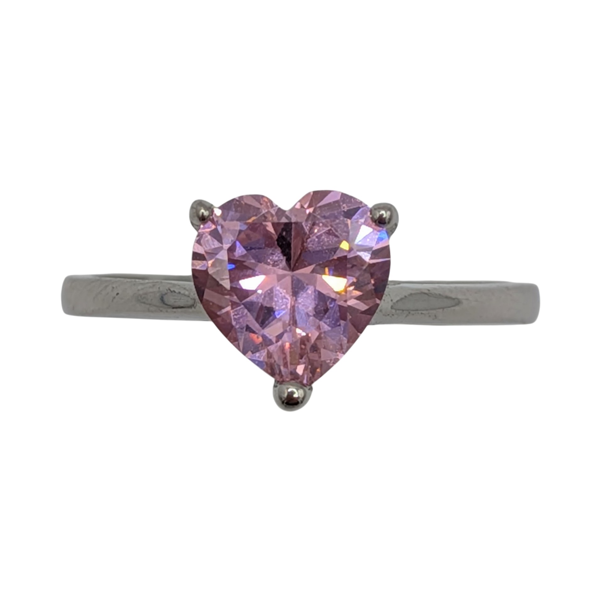 Signed Sterling Silver Light Pink CZ Heart Solitaire Ring Size 8.75