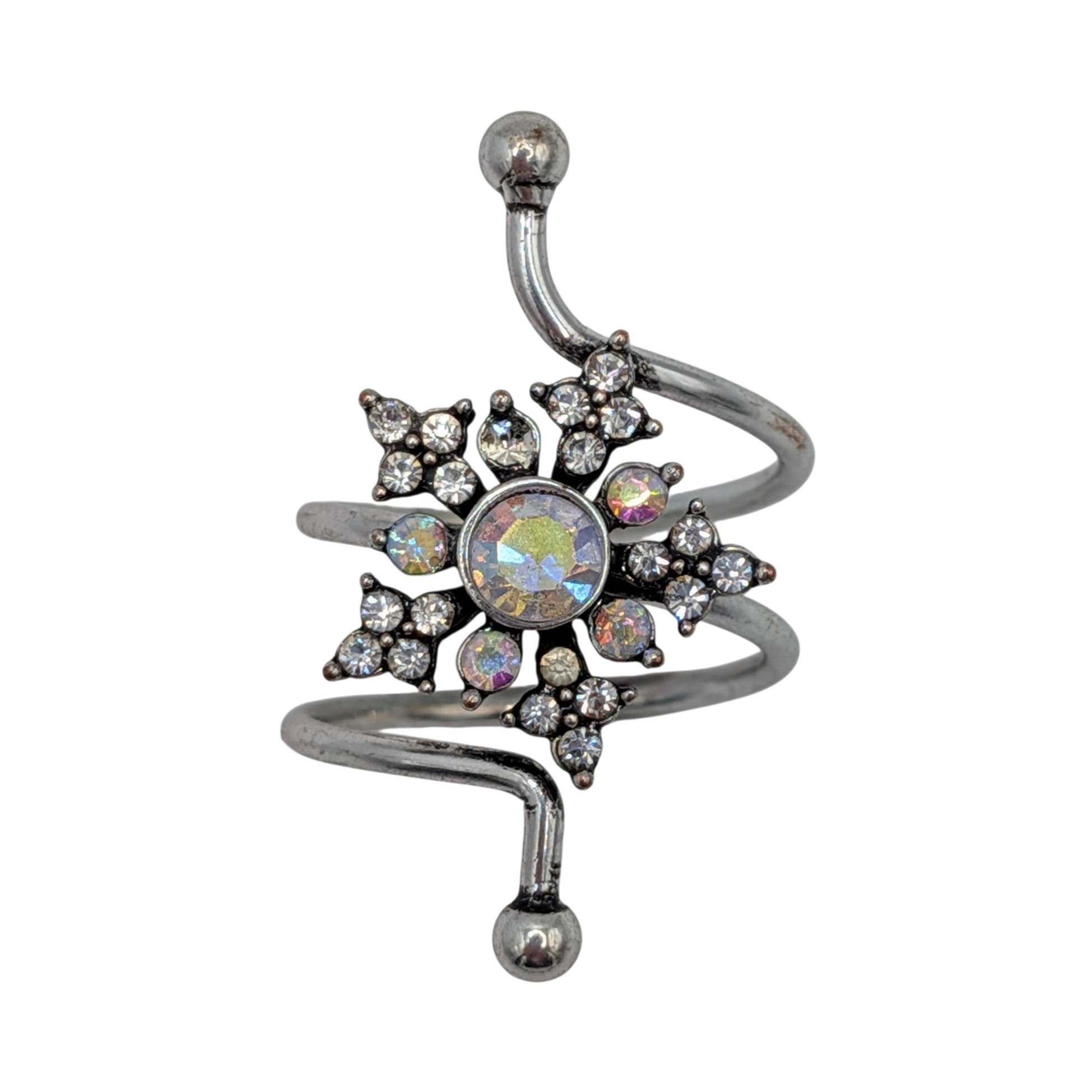 Sterling Silver Iridescent Rhinestone Snowflake Star Spiral Ring Size 8.5
