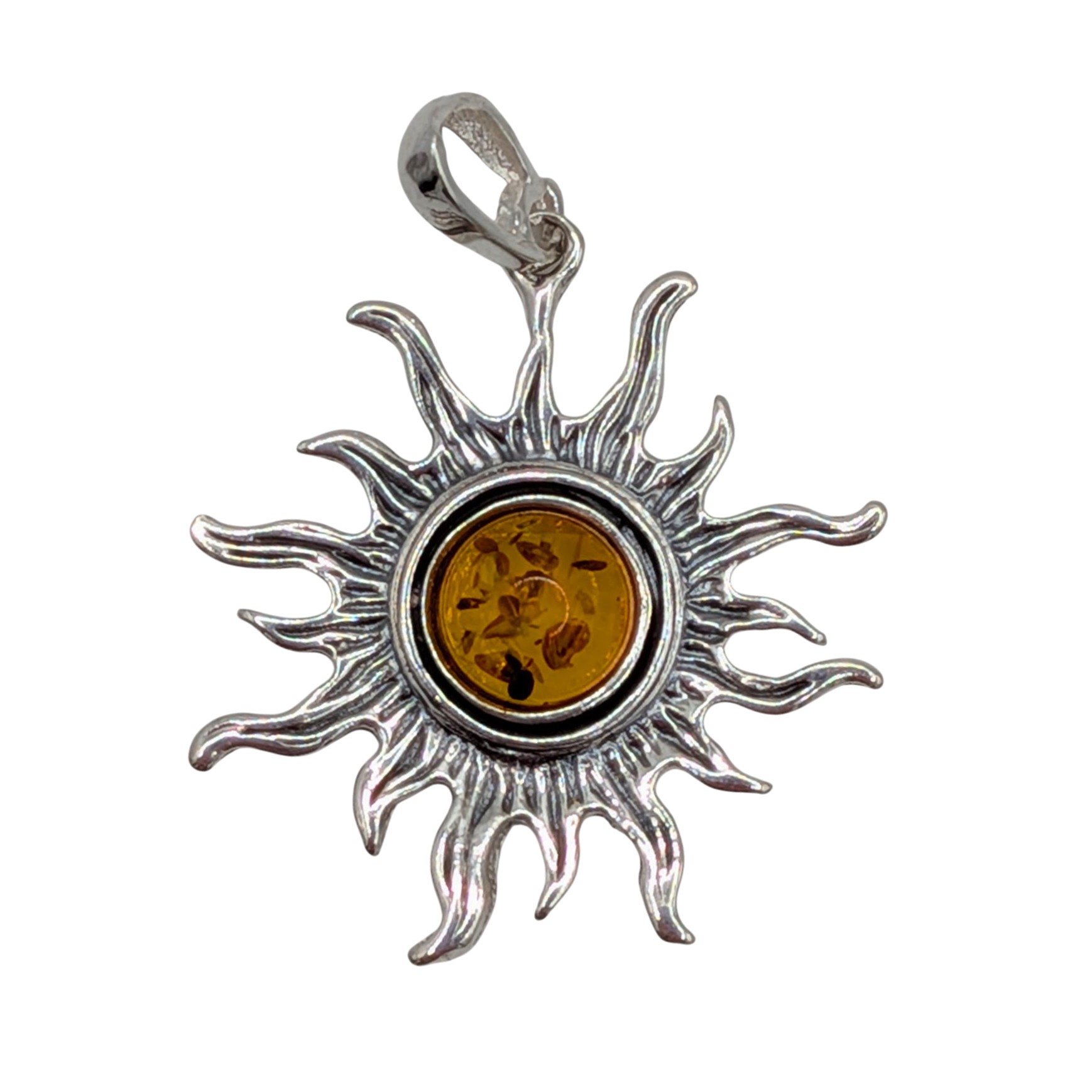 Signed Sterling Silver Amber Sun Pendant