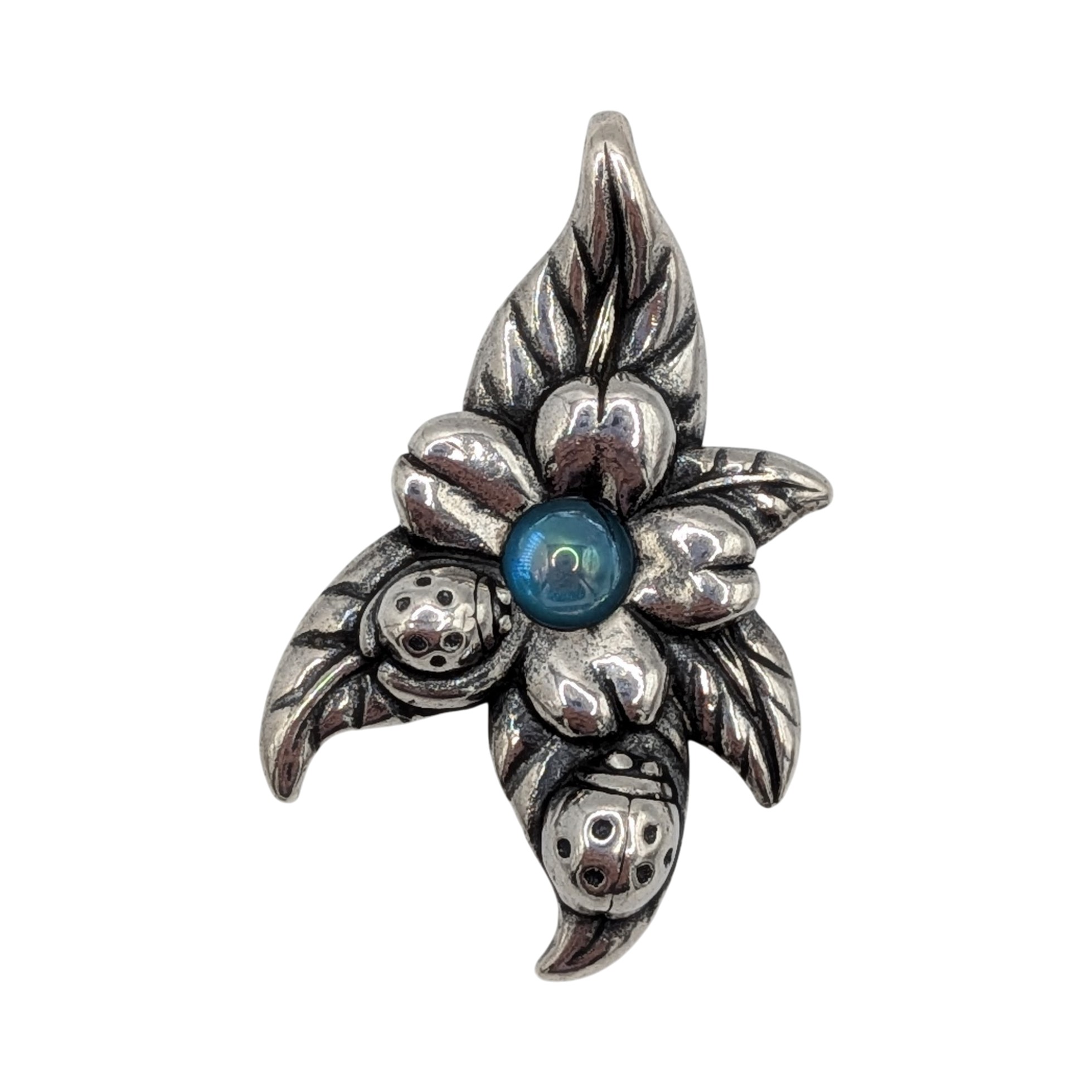 Signed Sterling Silver Iridescent Crystal Floral Ladybug Pendant